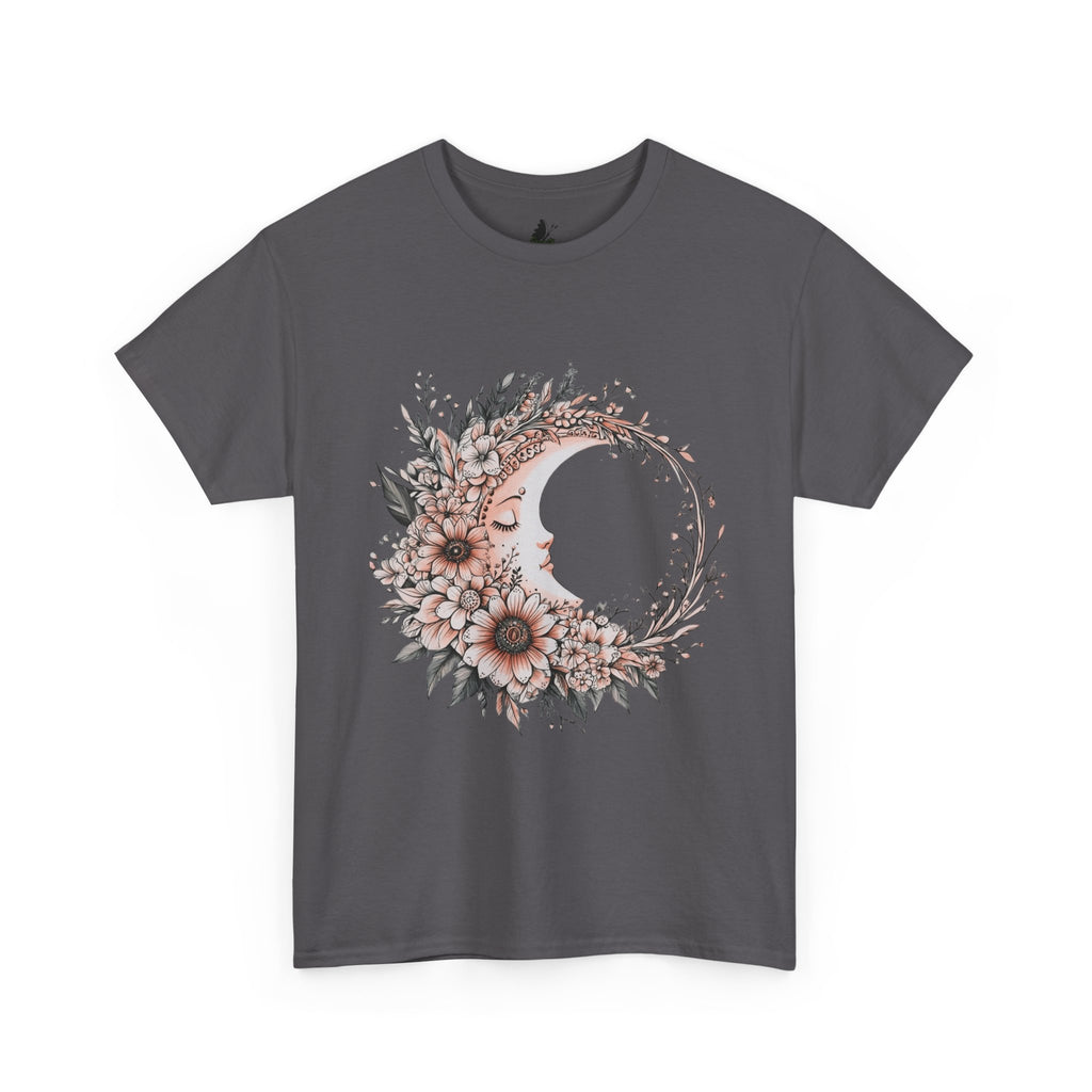 Boho Moon Floral Tee — Pink Moon with Flowers & Leaves