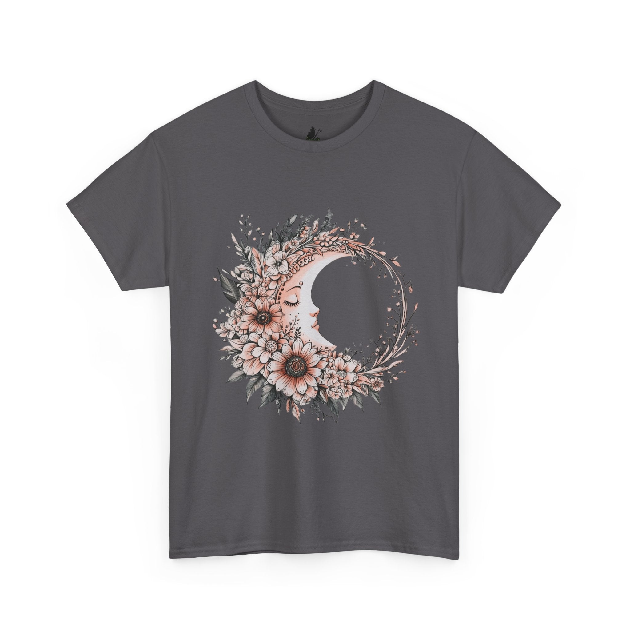 Boho Moon Floral Tee — Pink Moon with Flowers & Leaves