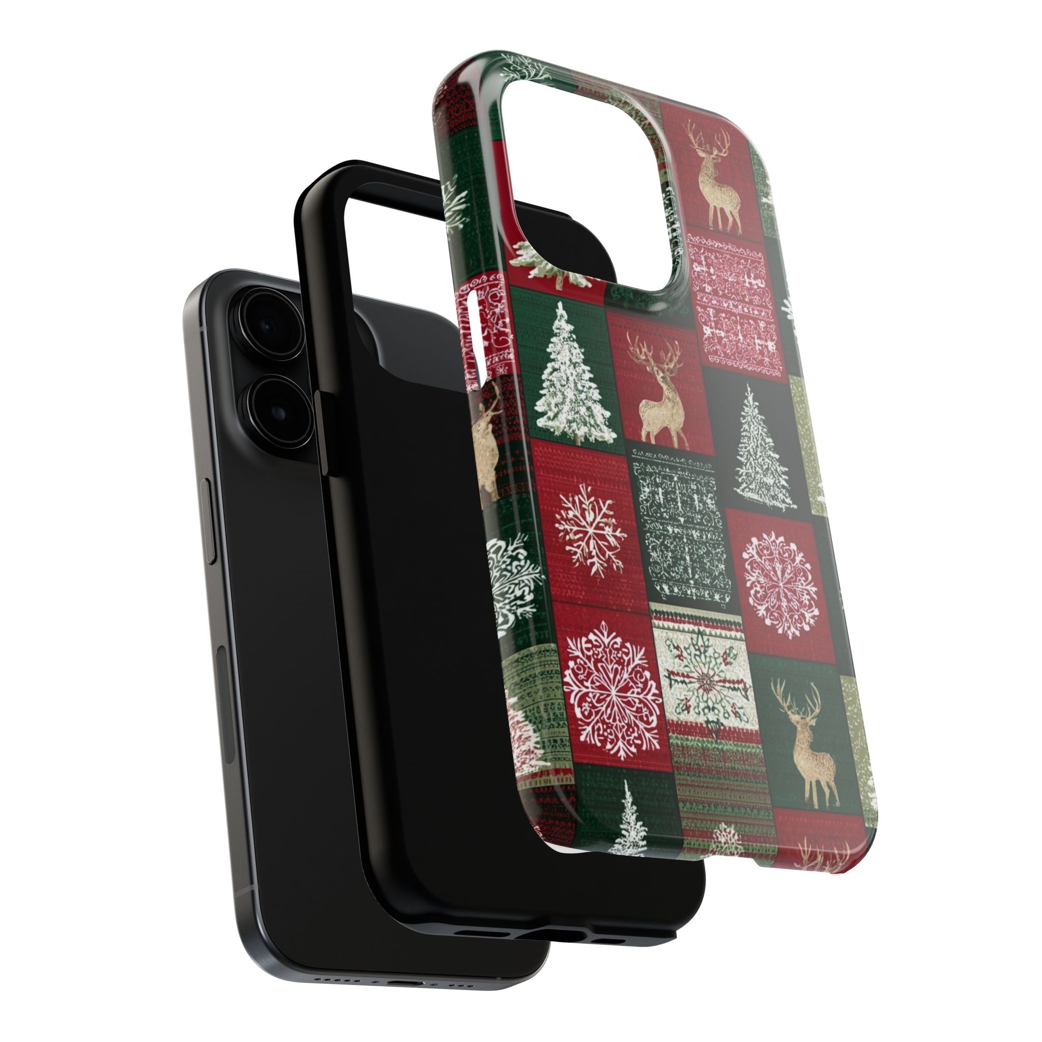 Festive Deer Pattern Phone Case — Red & Green Plaid with Snowflakes