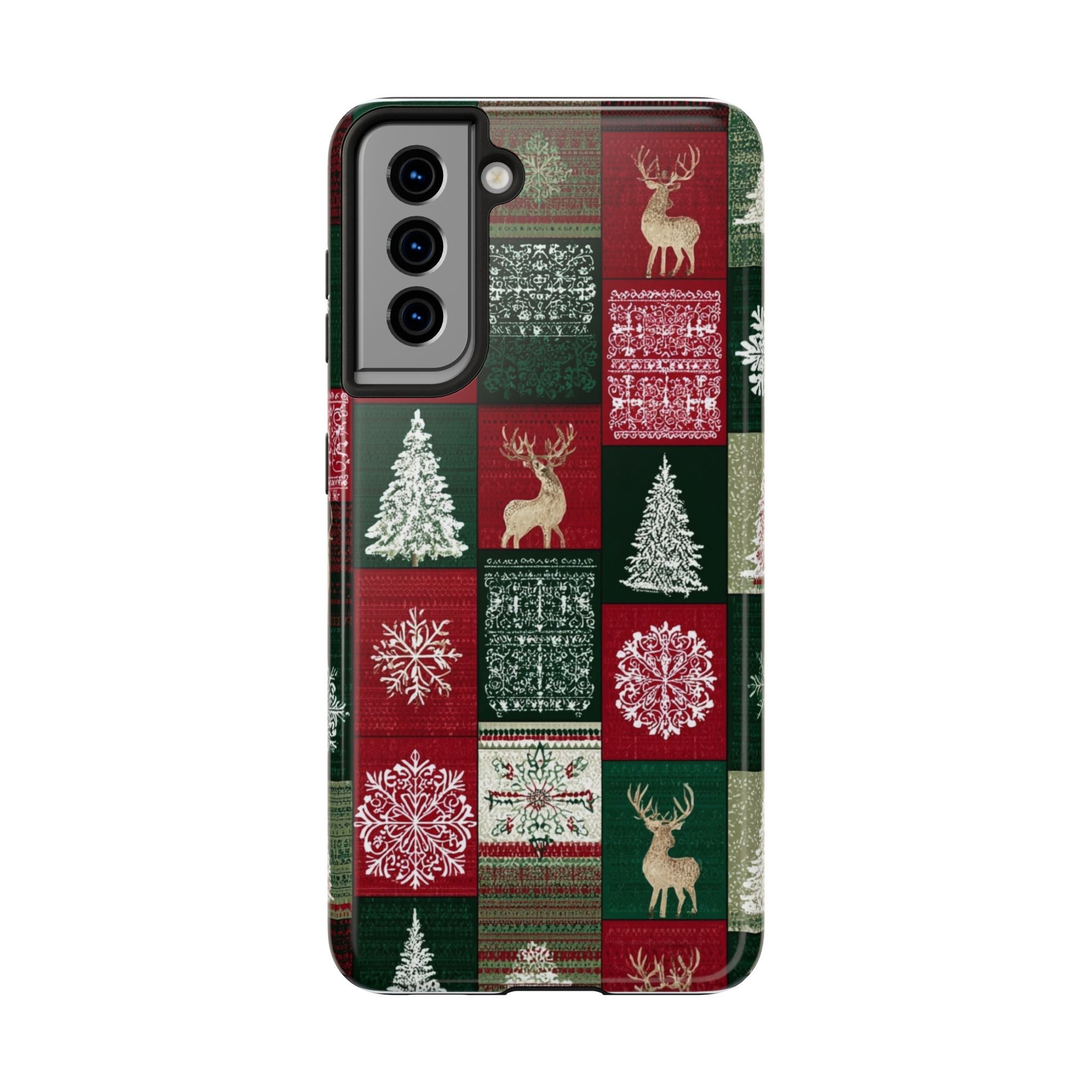 Festive Deer Pattern Phone Case — Red & Green Plaid with Snowflakes