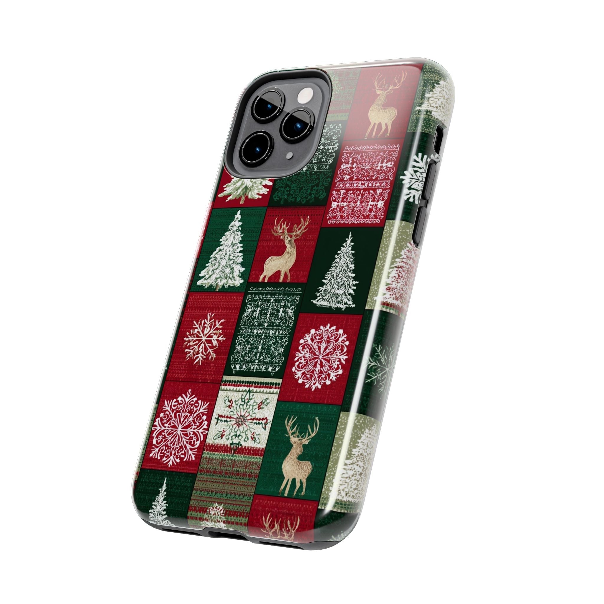 Festive Deer Pattern Phone Case — Red & Green Plaid with Snowflakes