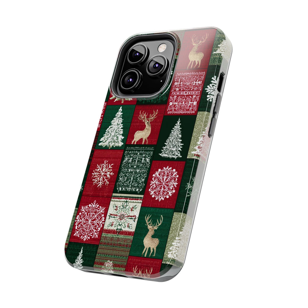 Festive Deer Pattern Phone Case — Red & Green Plaid with Snowflakes