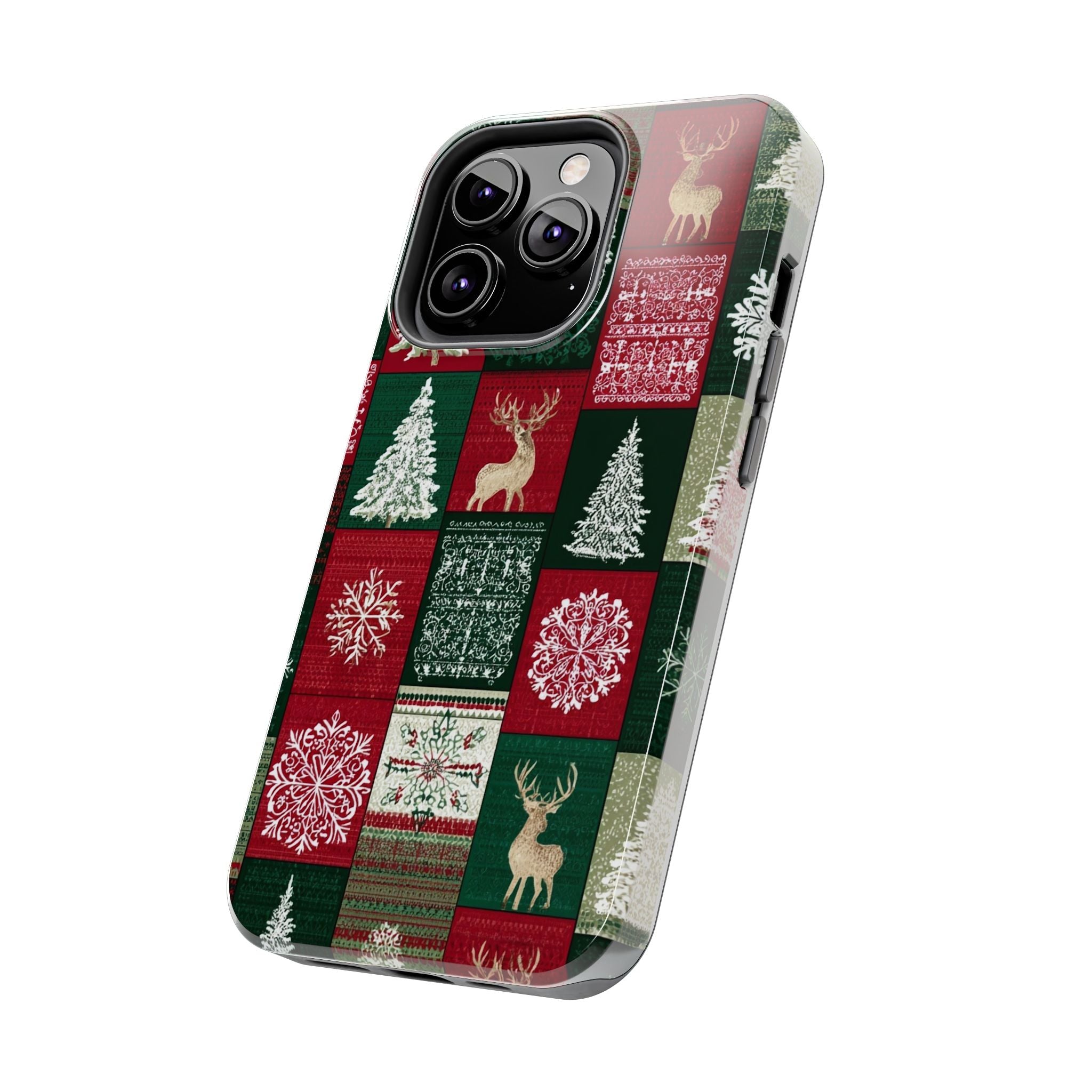 Festive Deer Pattern Phone Case — Red & Green Plaid with Snowflakes