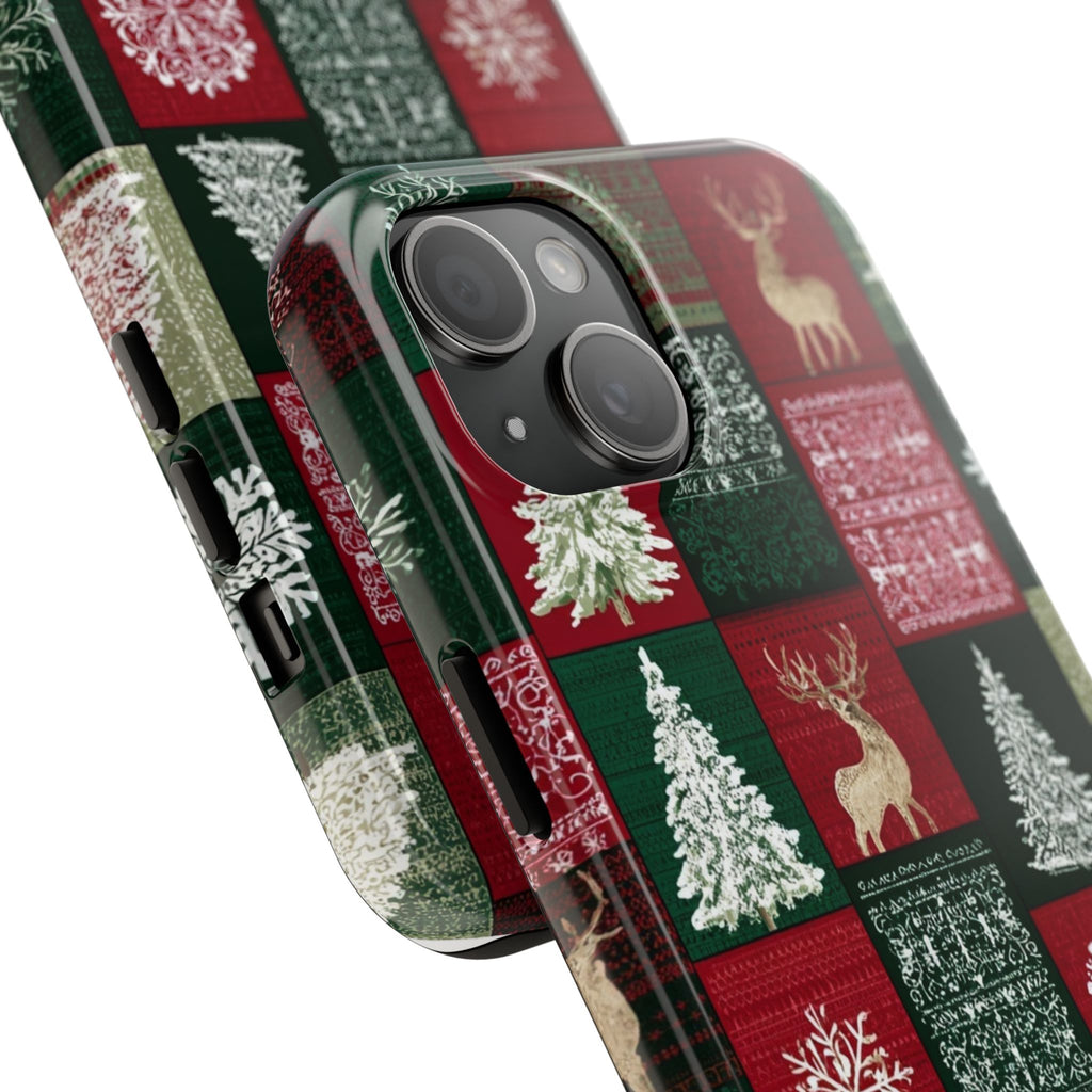 Festive Deer Pattern Phone Case — Red & Green Plaid with Snowflakes