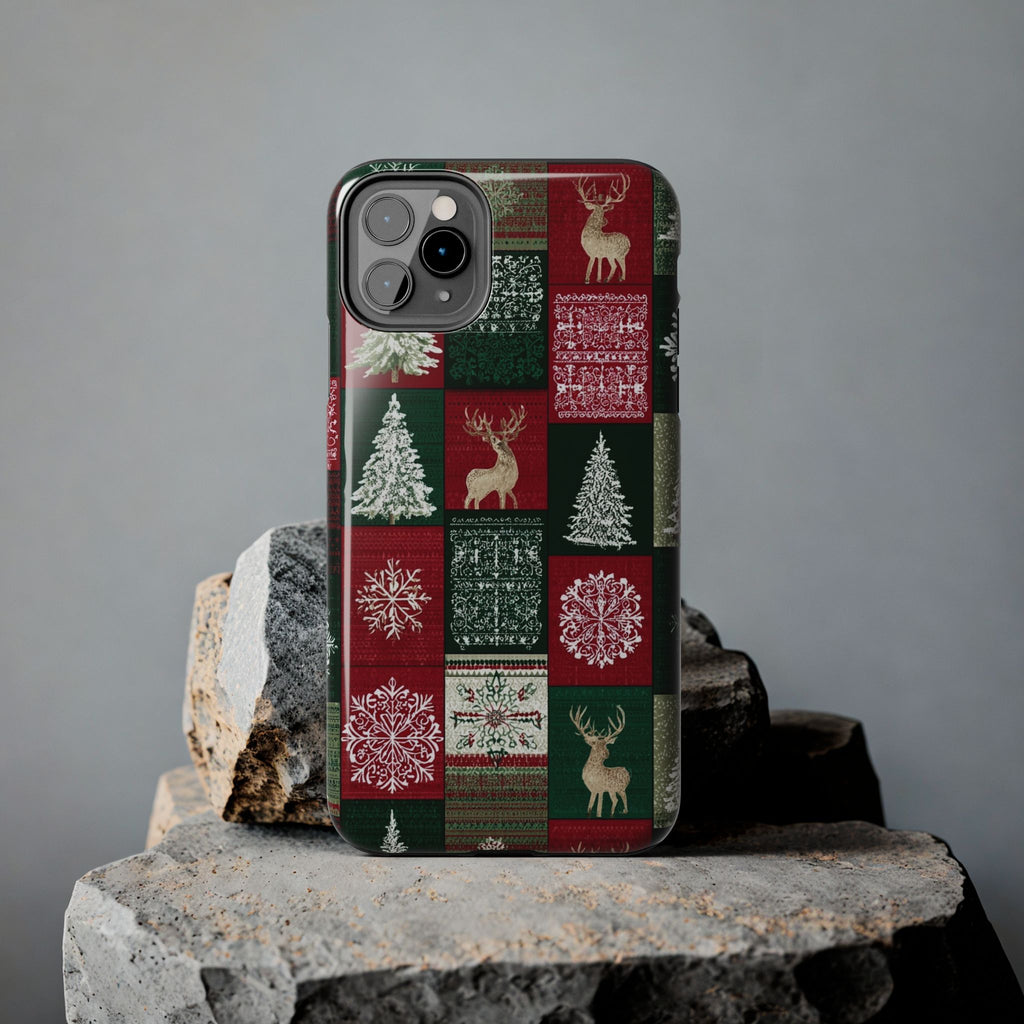 Festive Deer Pattern Phone Case — Red & Green Plaid with Snowflakes