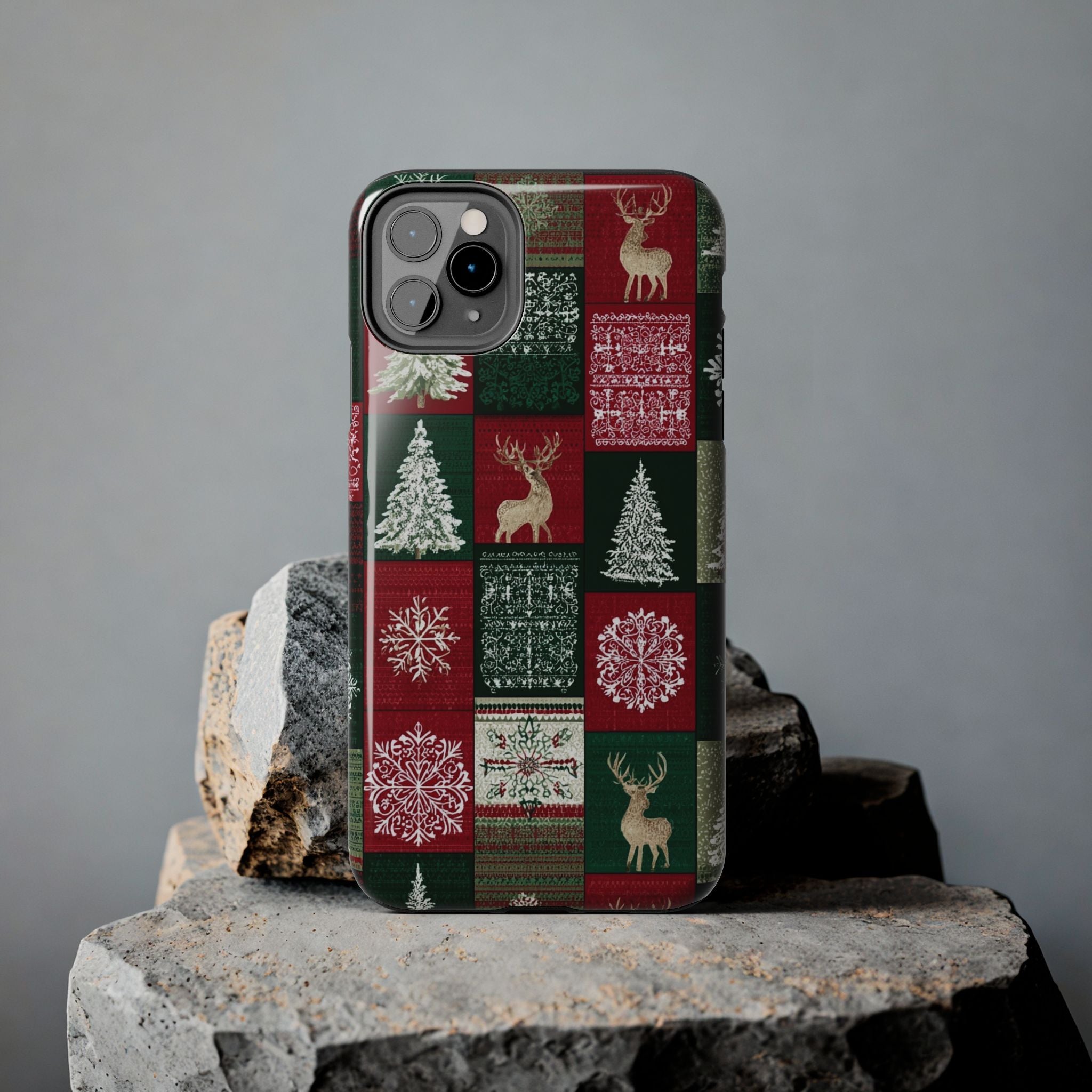 Festive Deer Pattern Phone Case — Red & Green Plaid with Snowflakes