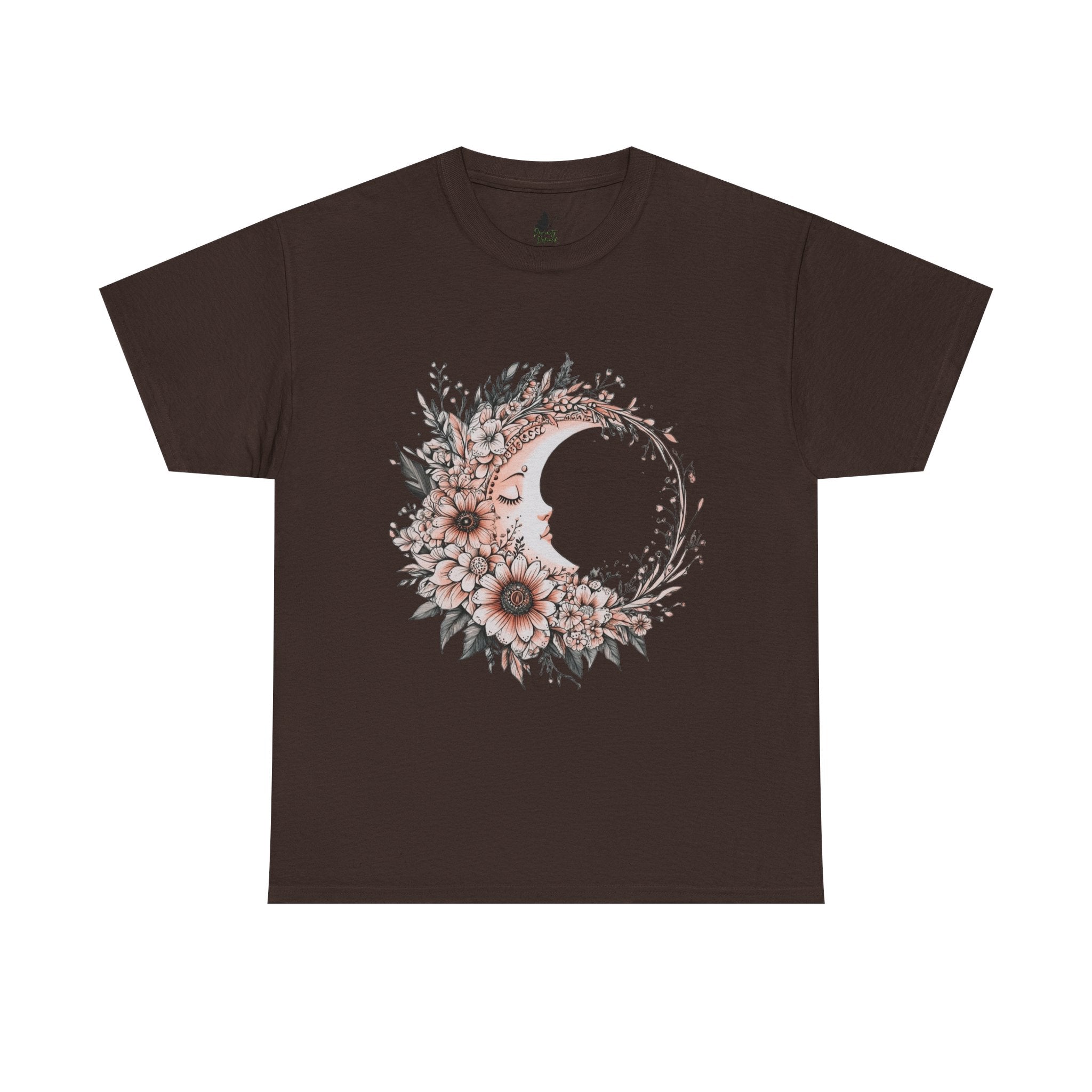 Boho Moon Floral Tee — Pink Moon with Flowers & Leaves