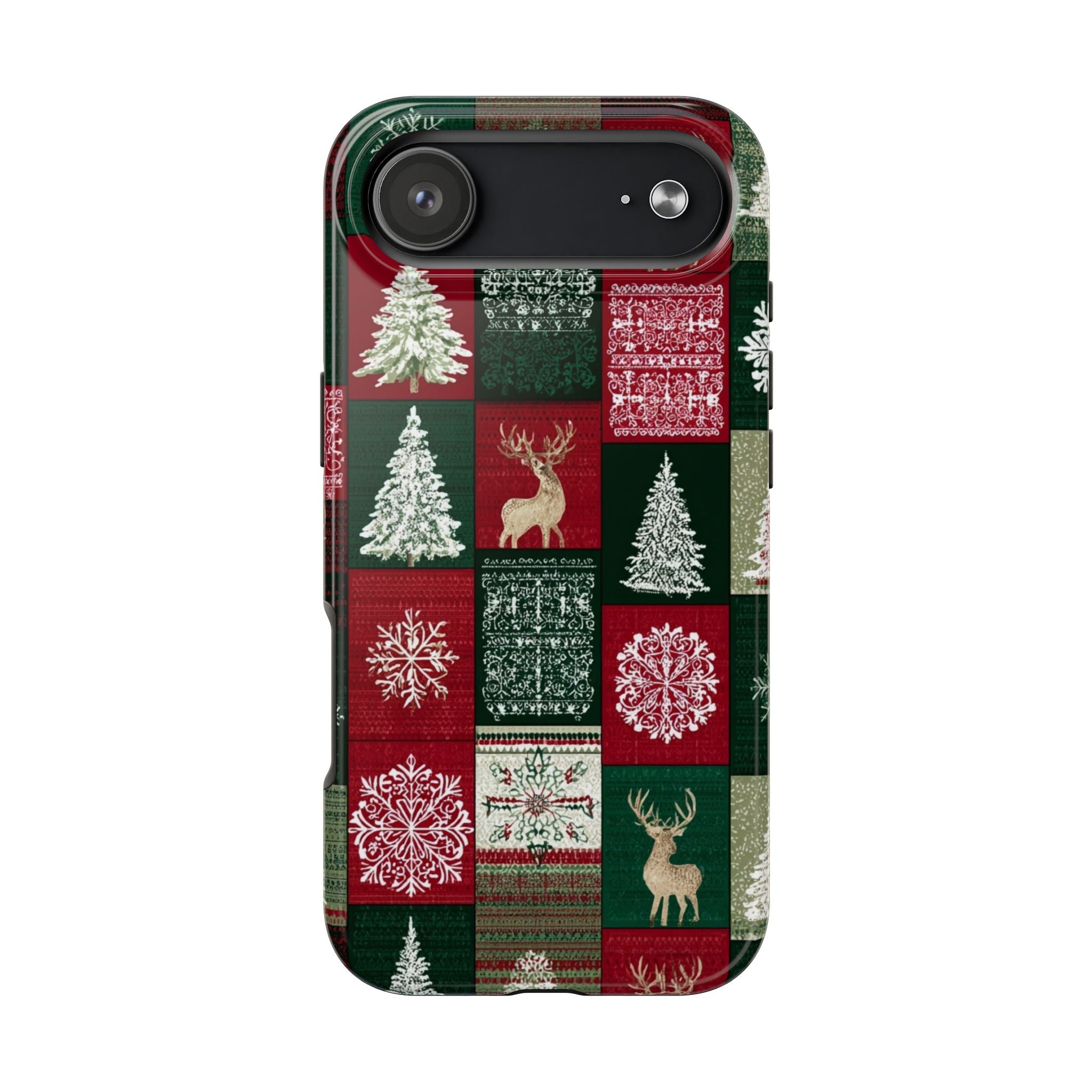 Festive Deer Pattern Phone Case — Red & Green Plaid with Snowflakes