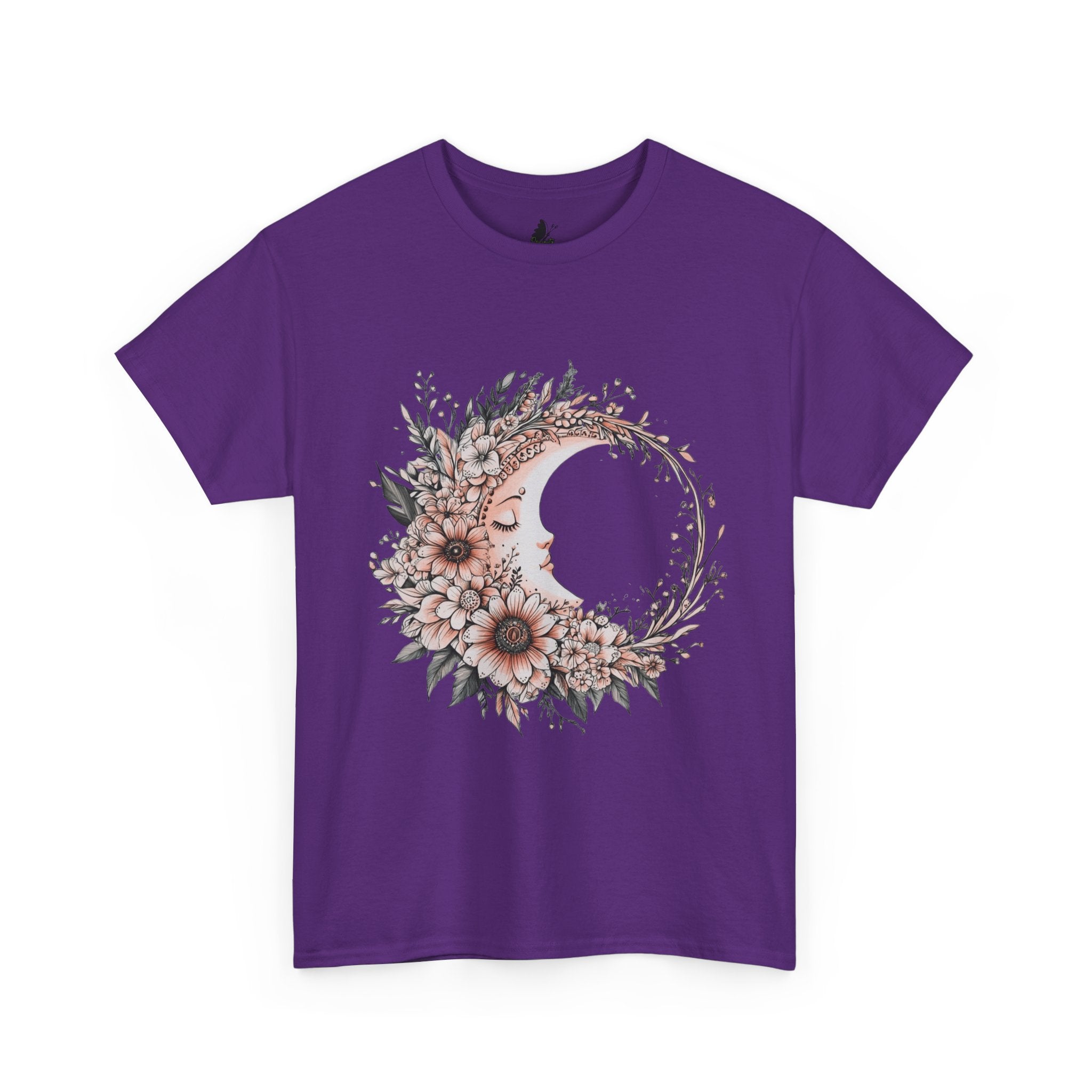 Boho Moon Floral Tee — Pink Moon with Flowers & Leaves