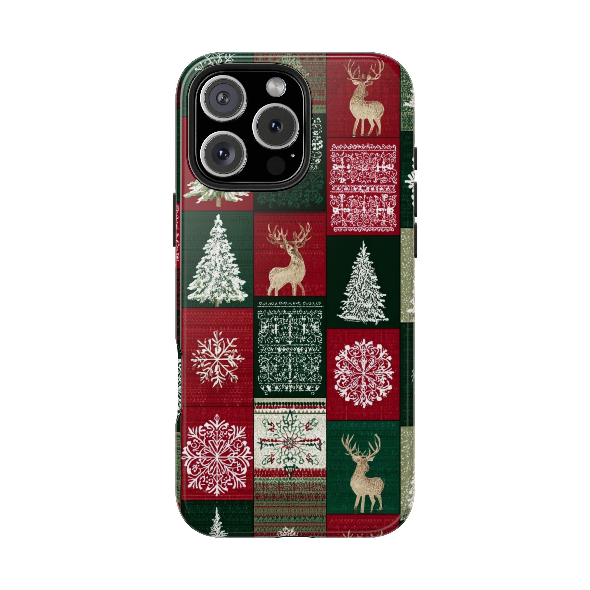 Festive Deer Pattern Phone Case — Red & Green Plaid with Snowflakes