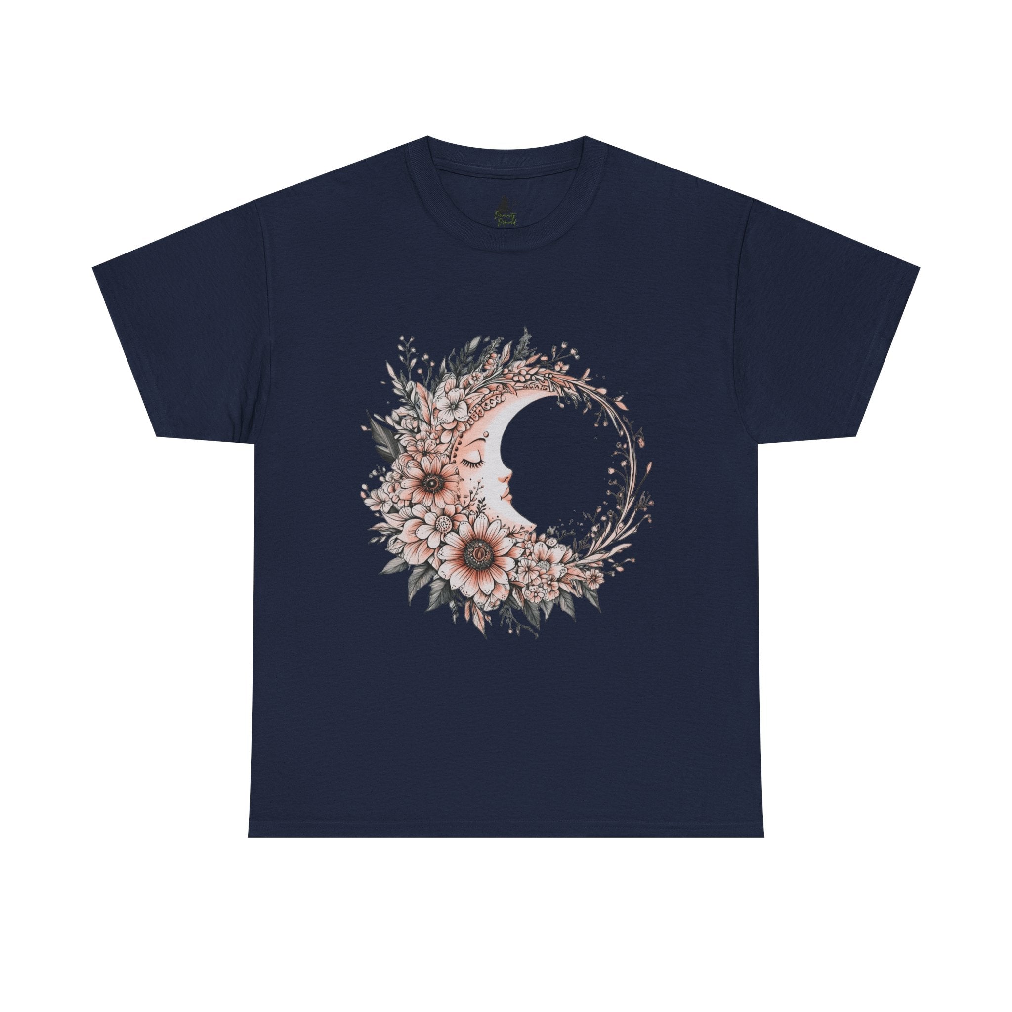 Boho Moon Floral Tee — Pink Moon with Flowers & Leaves