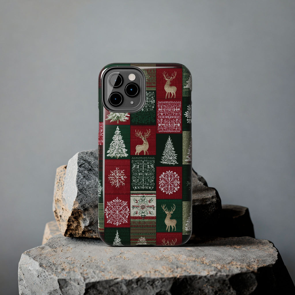 Festive Deer Pattern Phone Case — Red & Green Plaid with Snowflakes