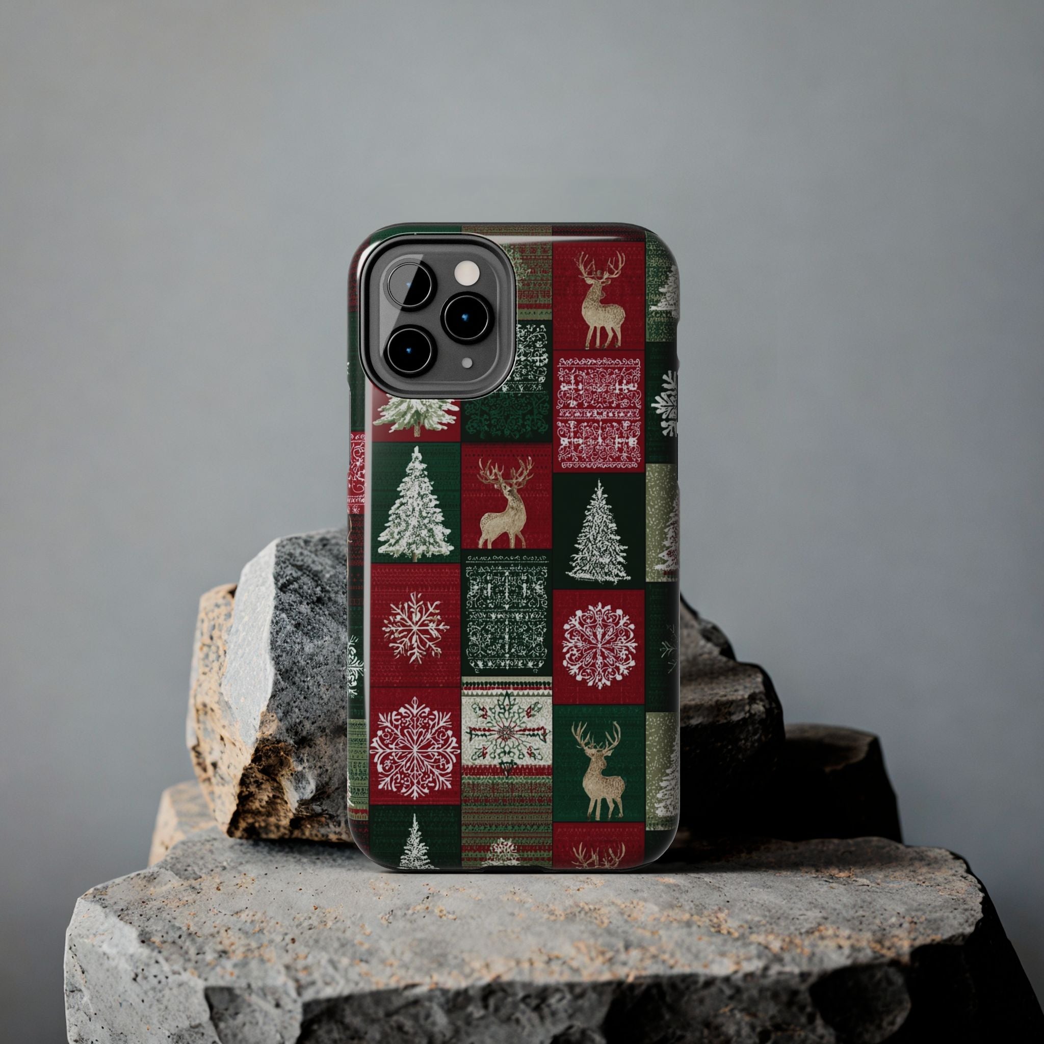Festive Deer Pattern Phone Case — Red & Green Plaid with Snowflakes