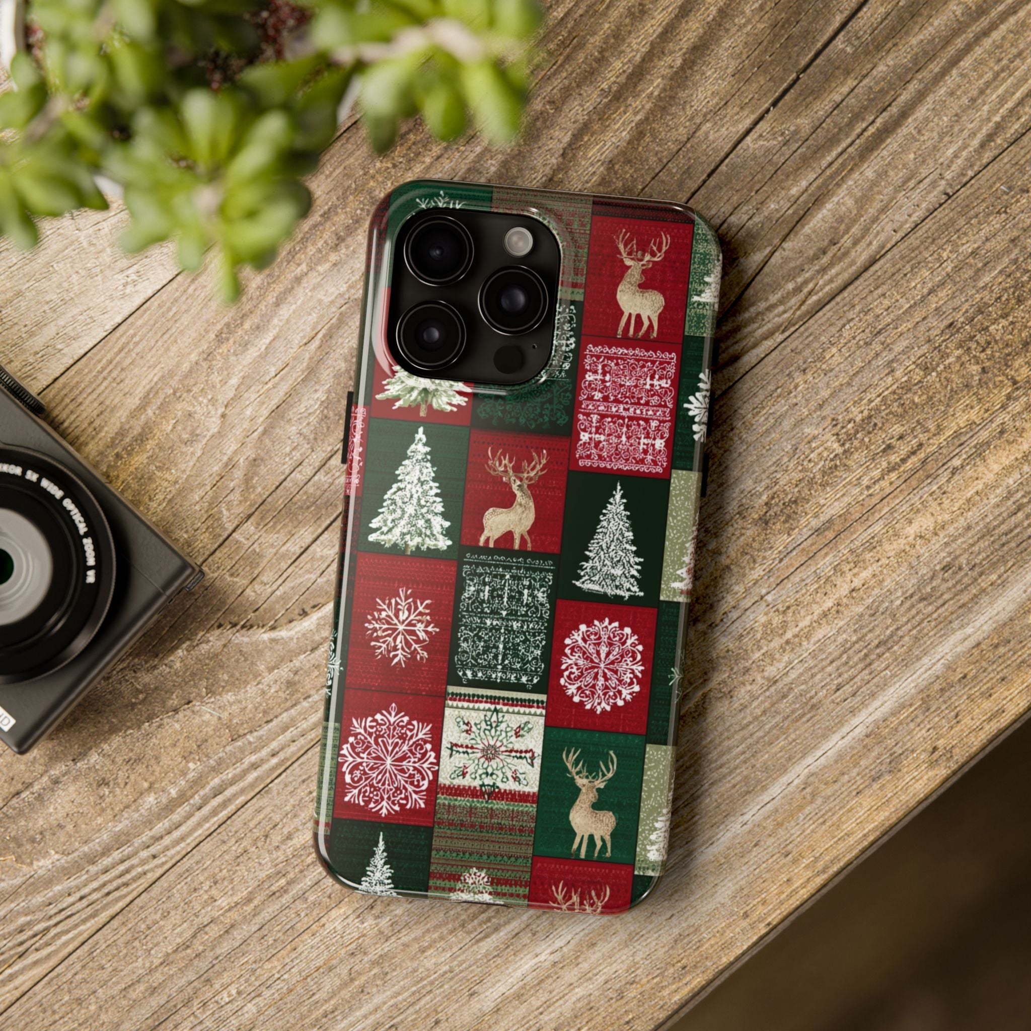 Festive Deer Pattern Phone Case — Red & Green Plaid with Snowflakes