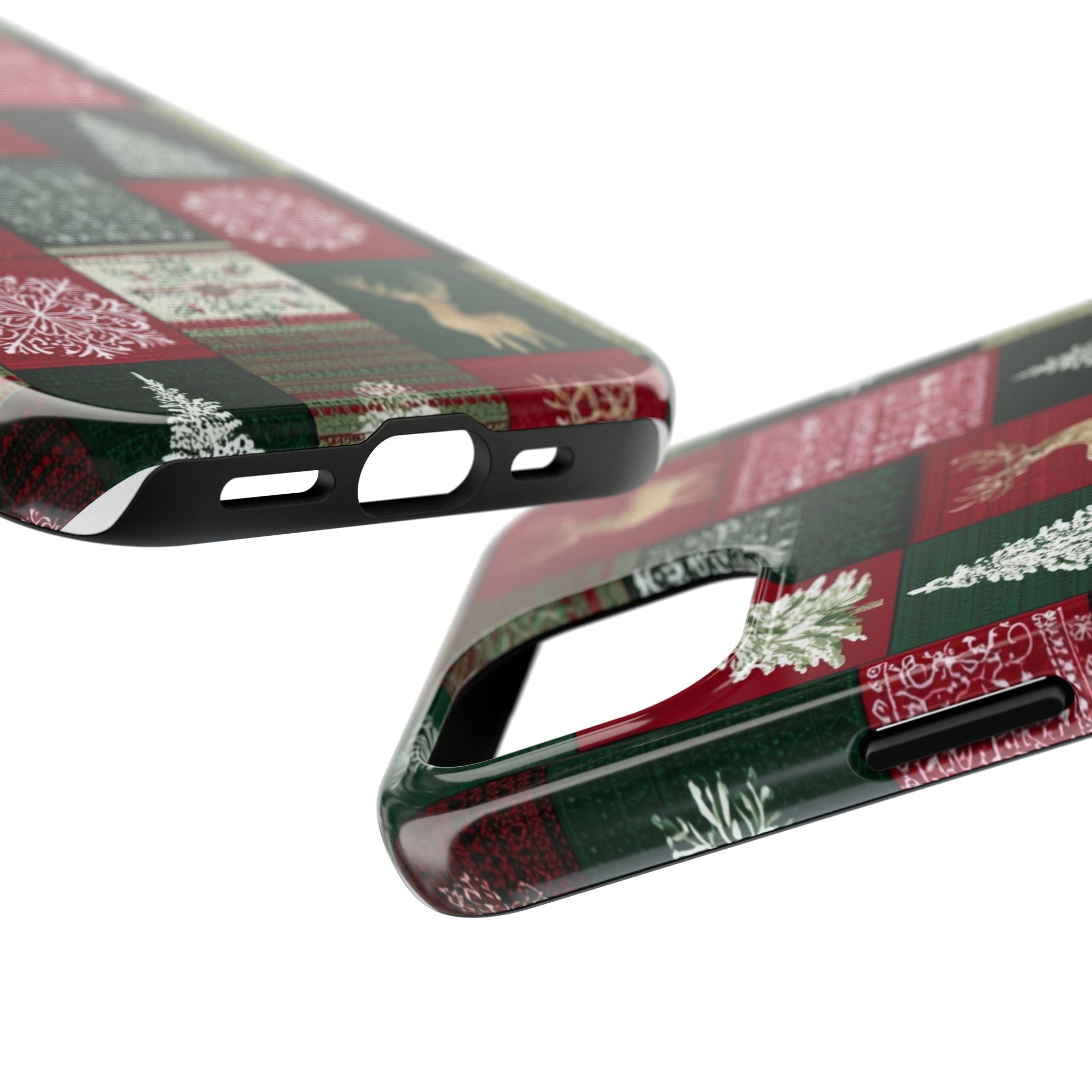 Festive Deer Pattern Phone Case — Red & Green Plaid with Snowflakes