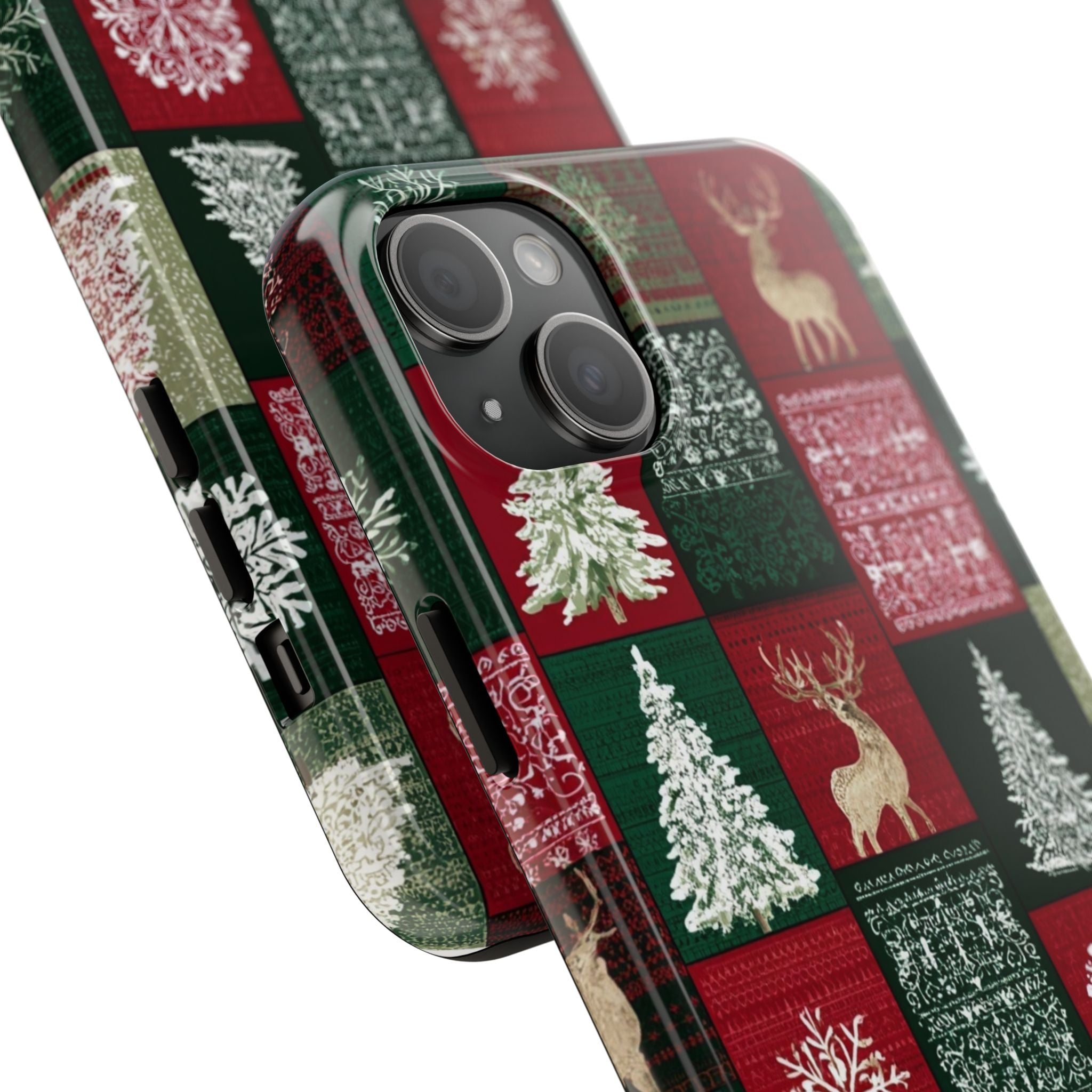 Festive Deer Pattern Phone Case — Red & Green Plaid with Snowflakes