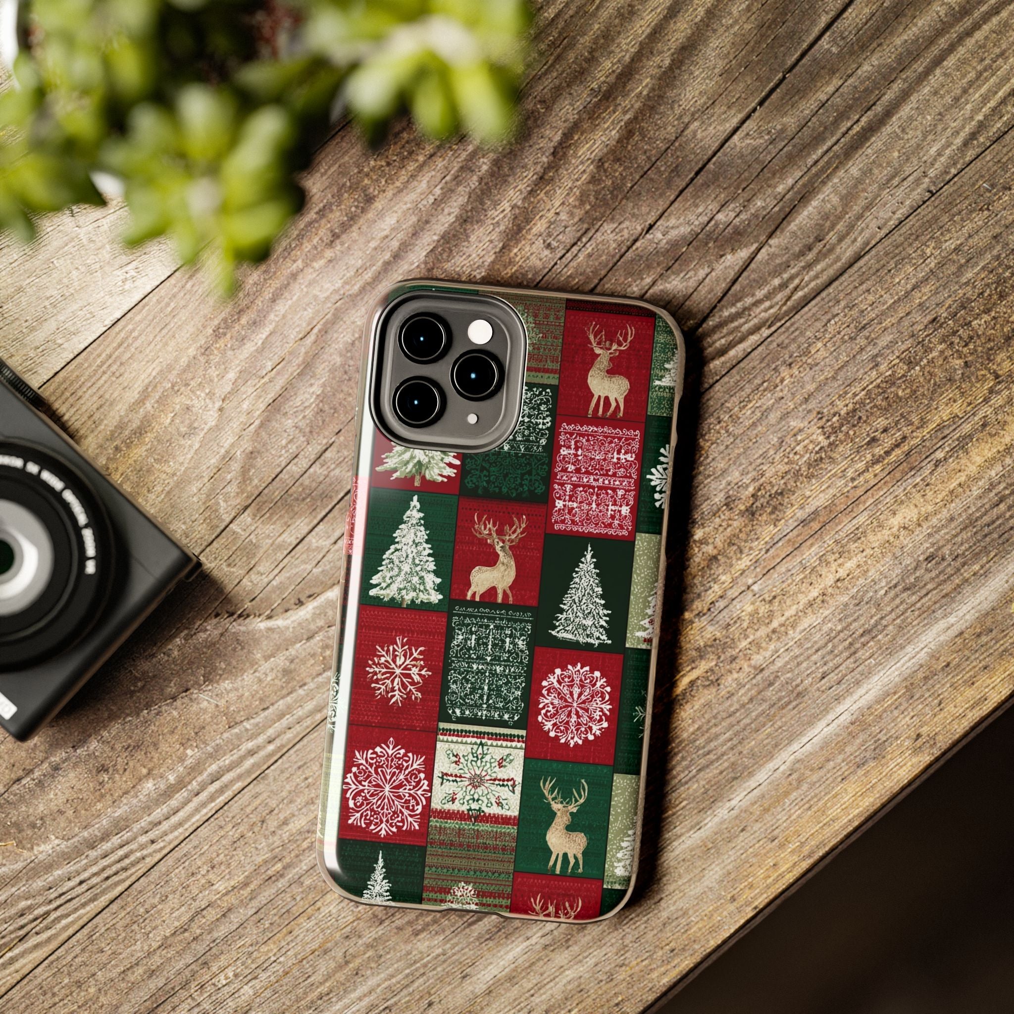 Festive Deer Pattern Phone Case — Red & Green Plaid with Snowflakes