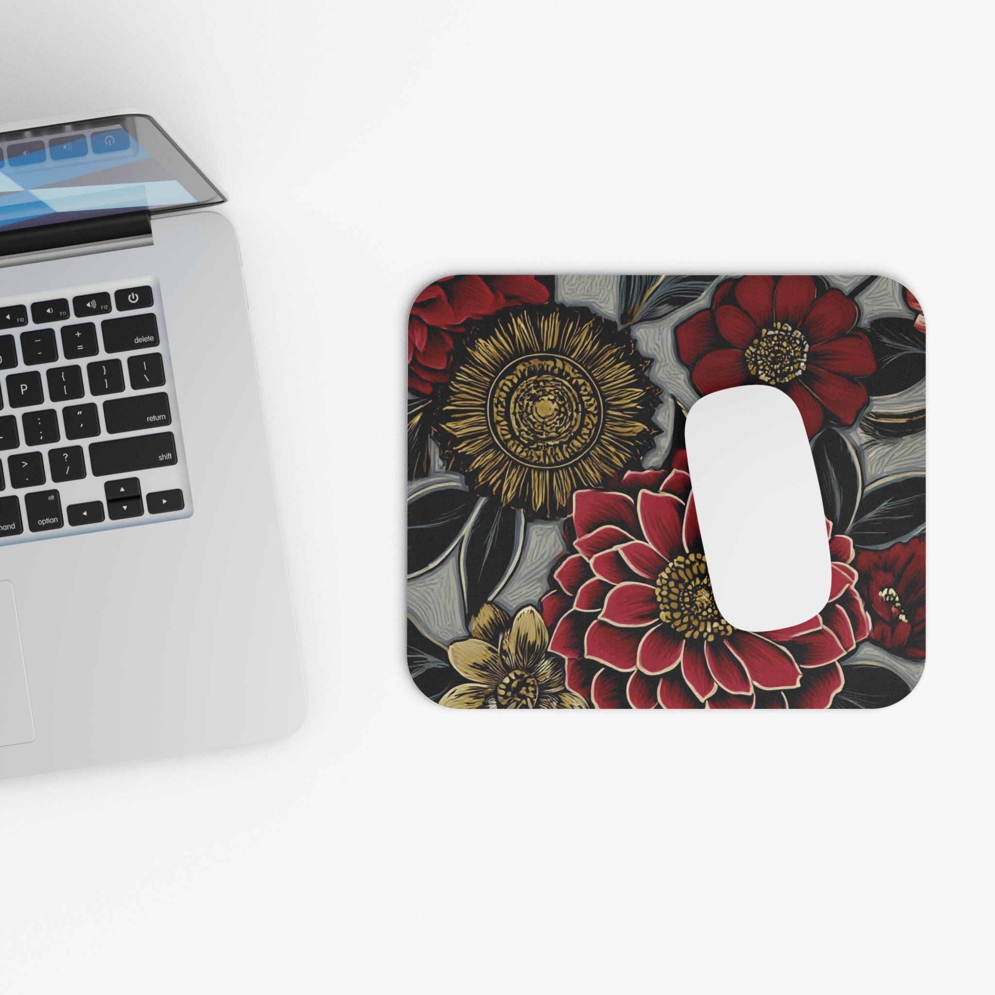 Floral Noir Gaming Mouse Pad — Red & Gold Botanical Desk Mat