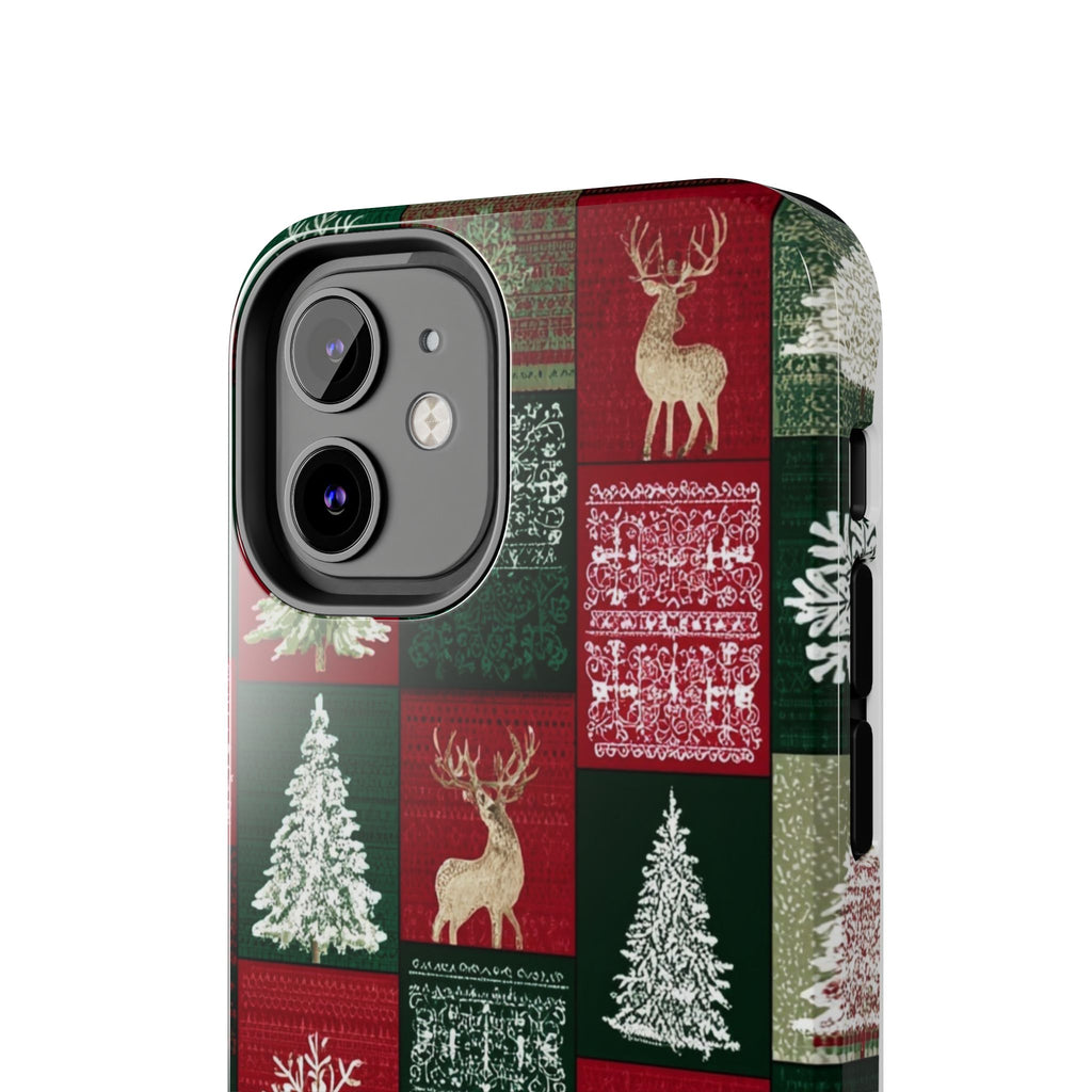 Festive Deer Pattern Phone Case — Red & Green Plaid with Snowflakes