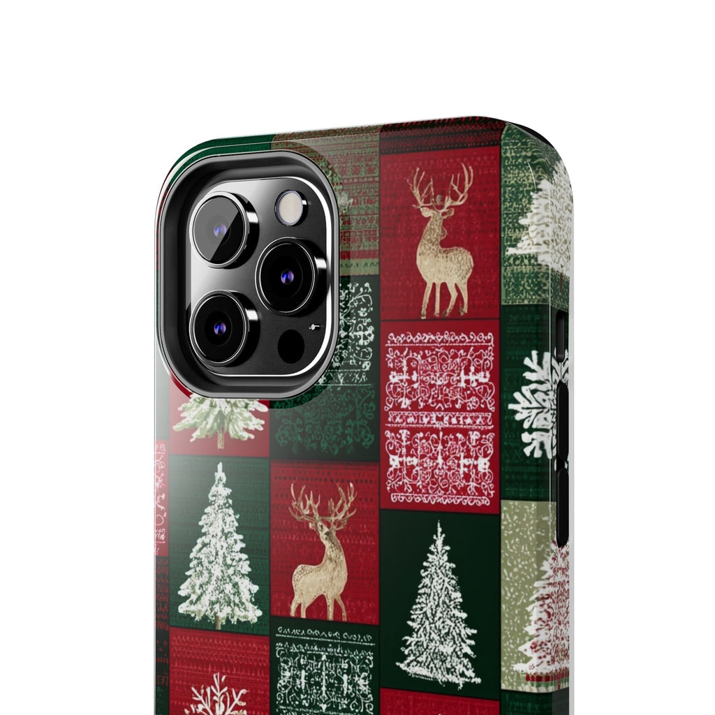 Festive Deer Pattern Phone Case — Red & Green Plaid with Snowflakes