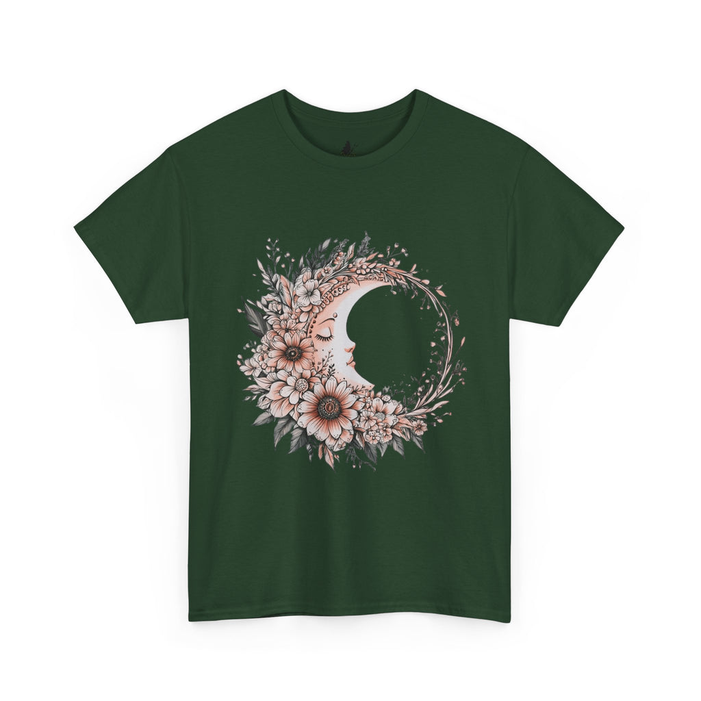 Boho Moon Floral Tee — Pink Moon with Flowers & Leaves