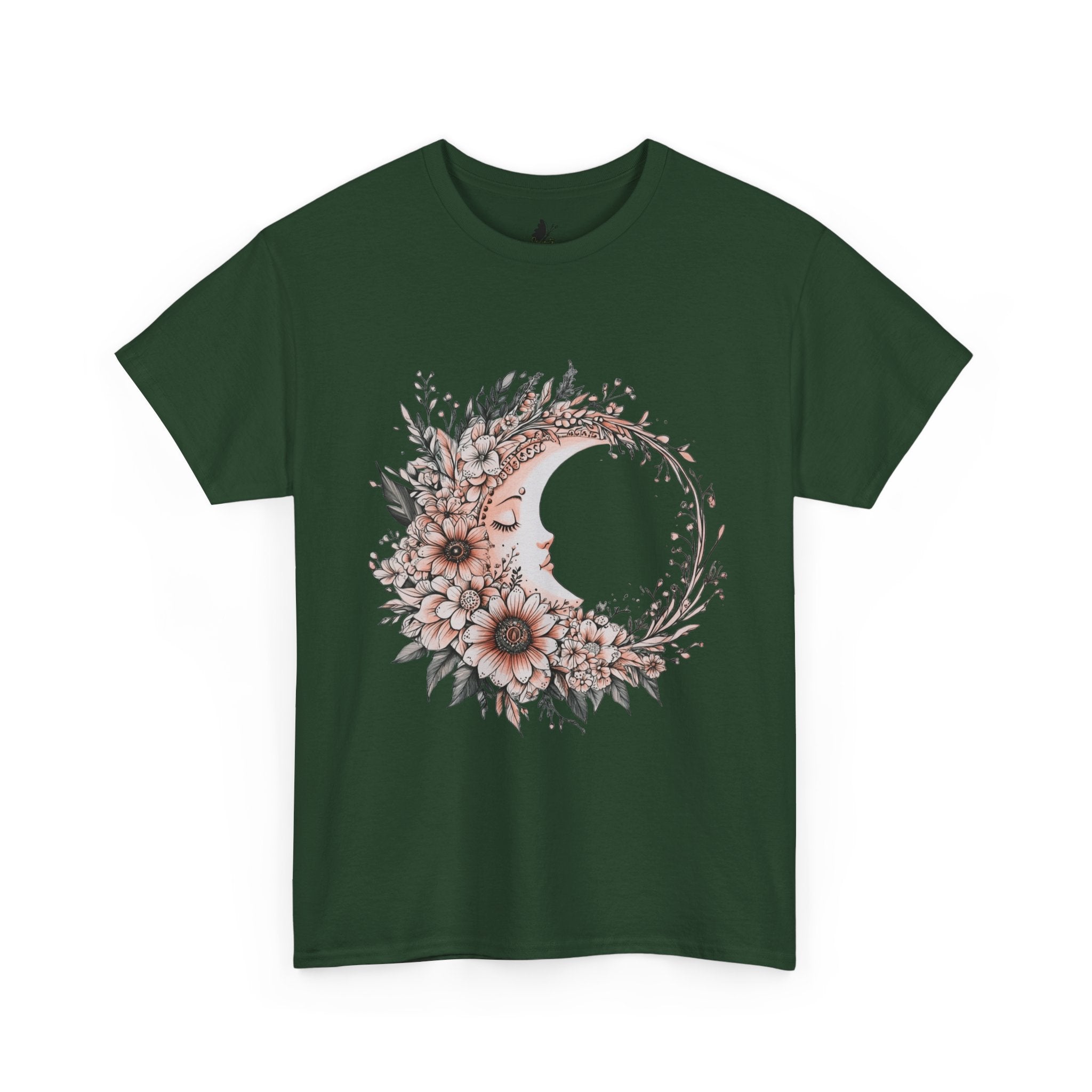 Boho Moon Floral Tee — Pink Moon with Flowers & Leaves