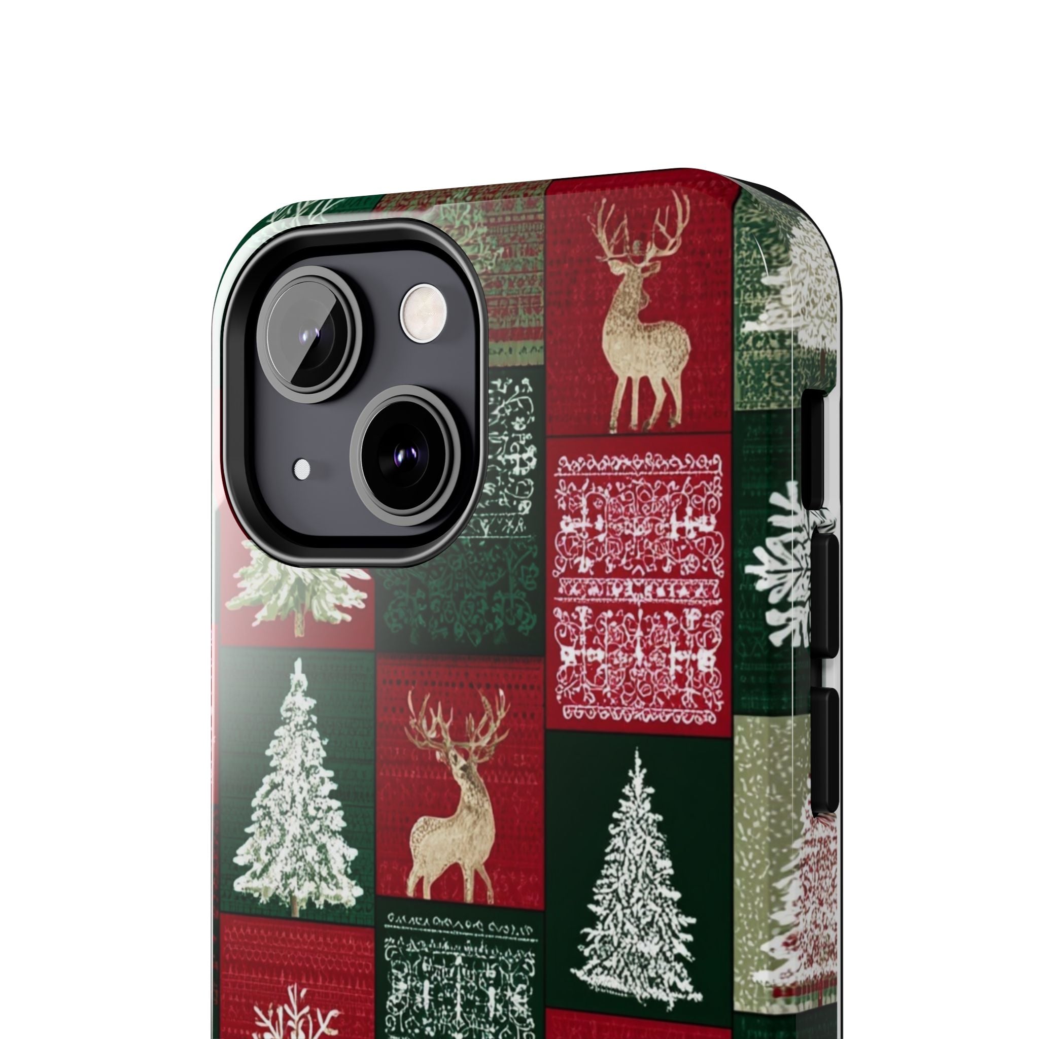 Festive Deer Pattern Phone Case — Red & Green Plaid with Snowflakes