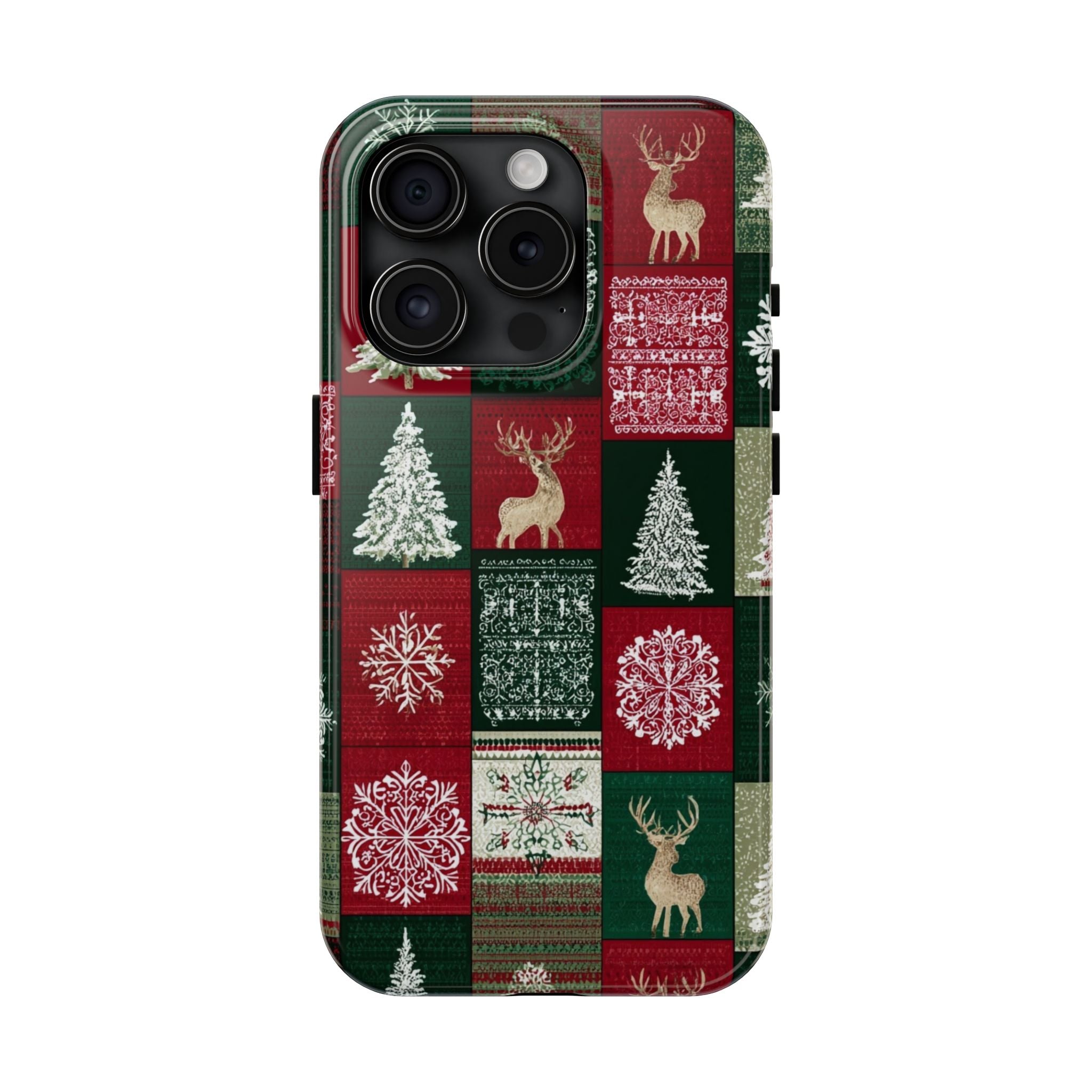 Festive Deer Pattern Phone Case — Red & Green Plaid with Snowflakes