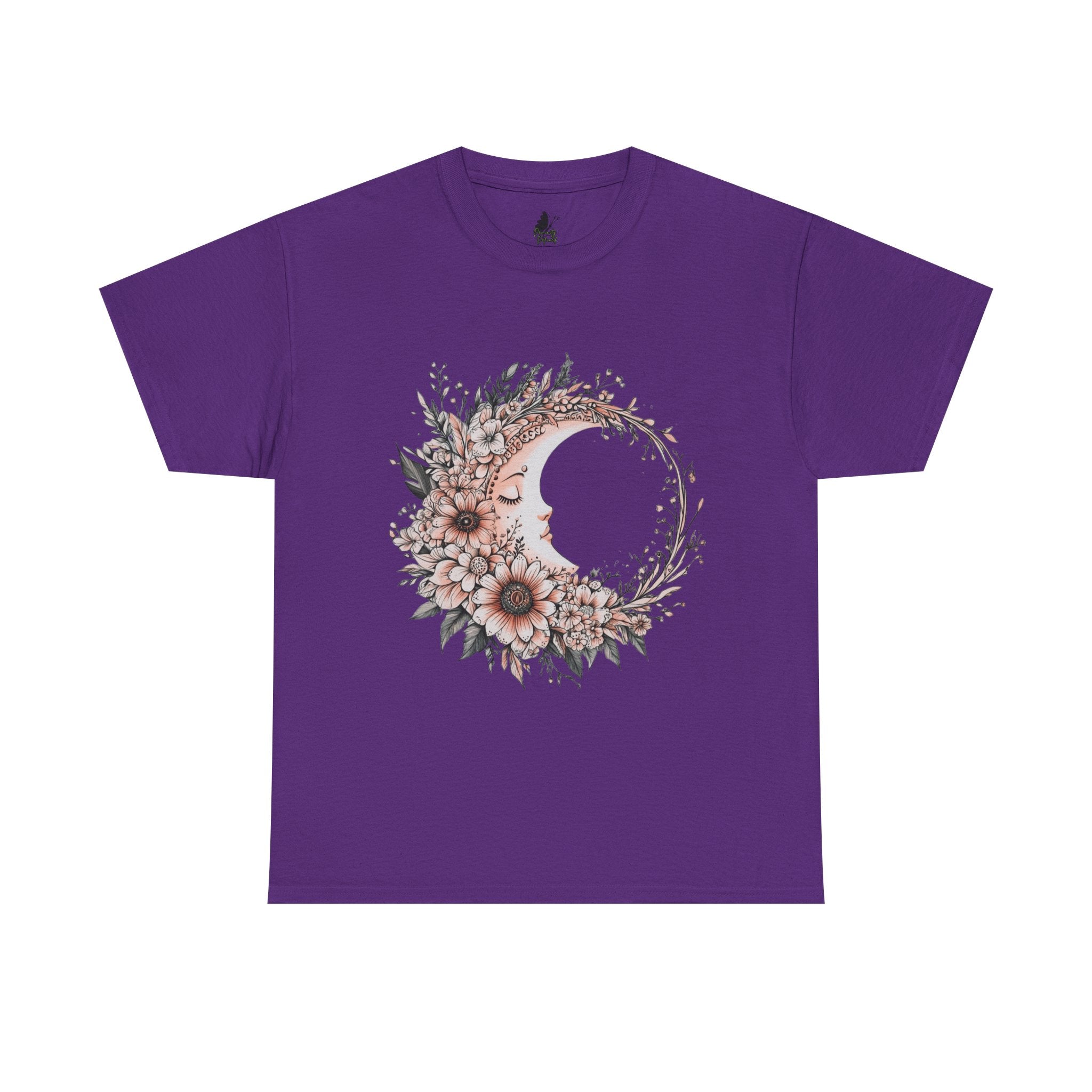 Boho Moon Floral Tee — Pink Moon with Flowers & Leaves