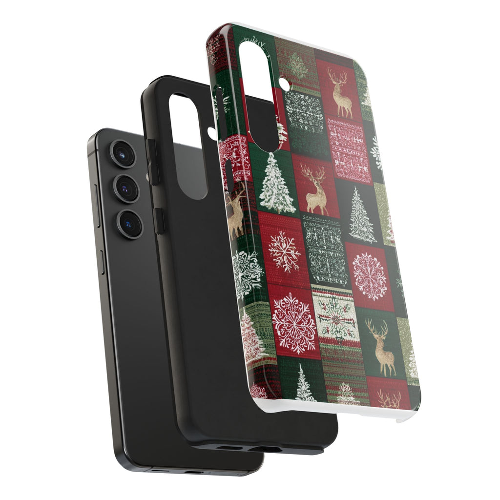Festive Deer Pattern Phone Case — Red & Green Plaid with Snowflakes