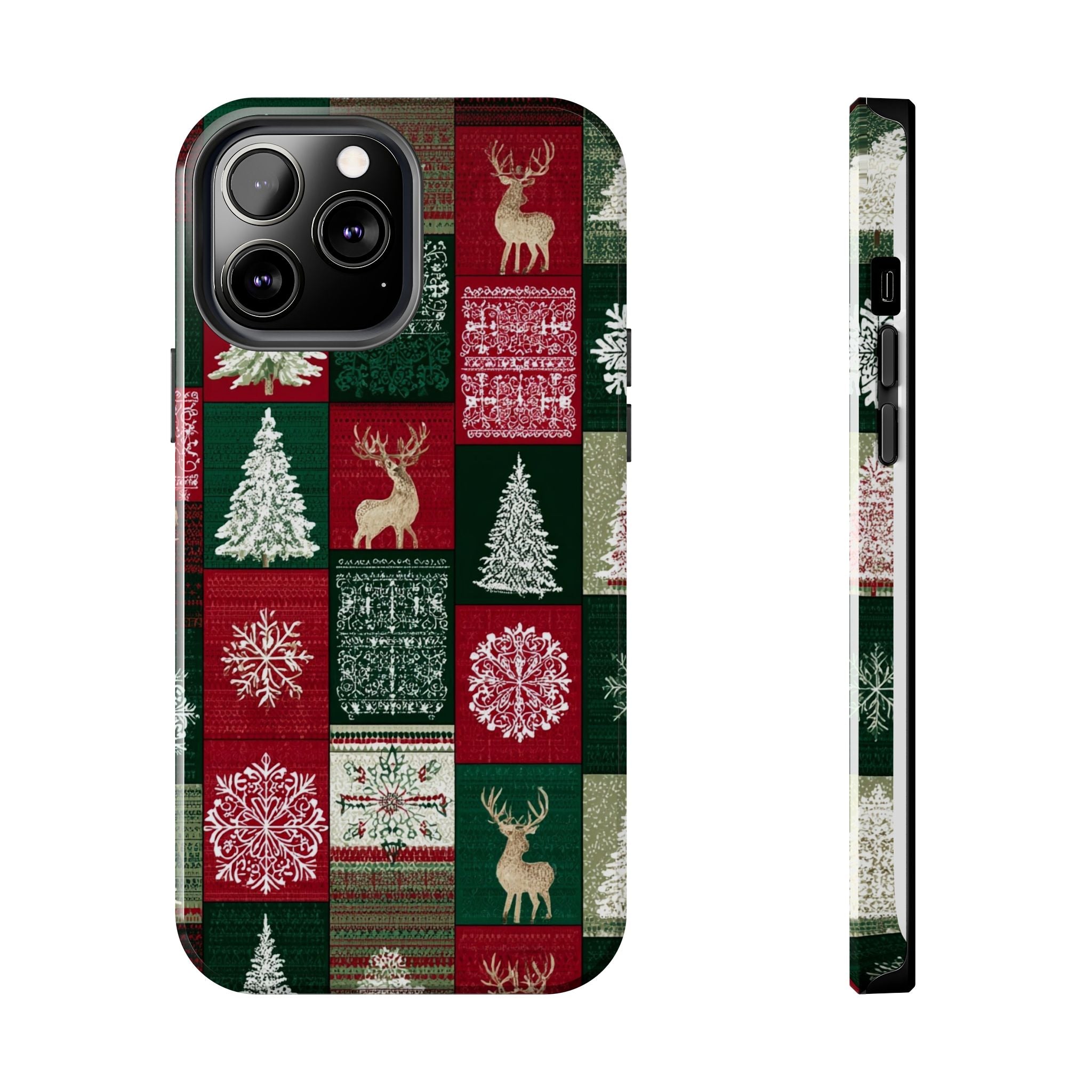 Festive Deer Pattern Phone Case — Red & Green Plaid with Snowflakes