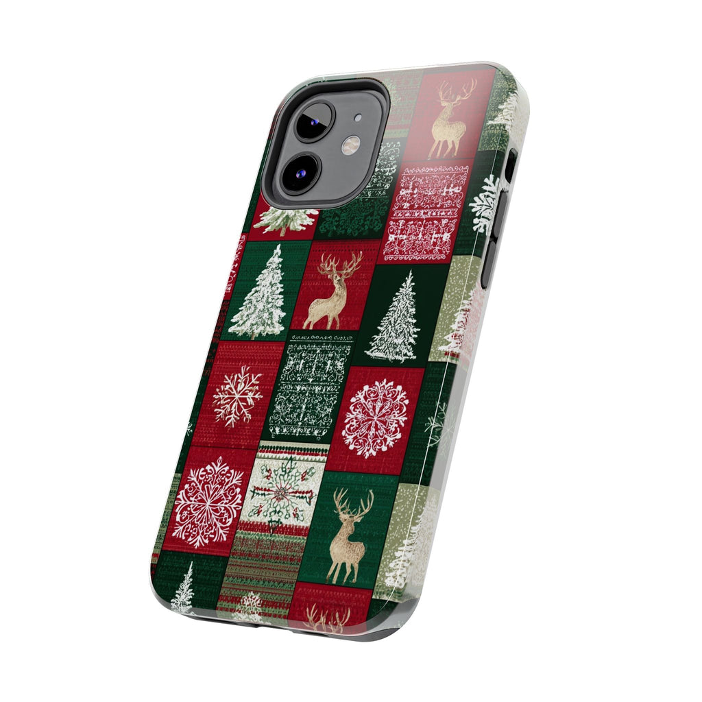 Festive Deer Pattern Phone Case — Red & Green Plaid with Snowflakes