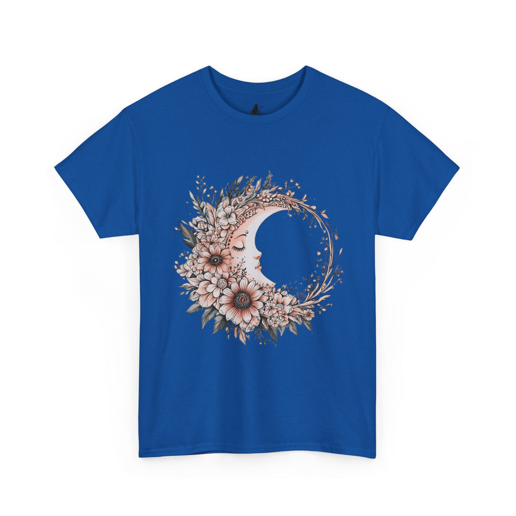 Boho Moon Floral Tee — Pink Moon with Flowers & Leaves