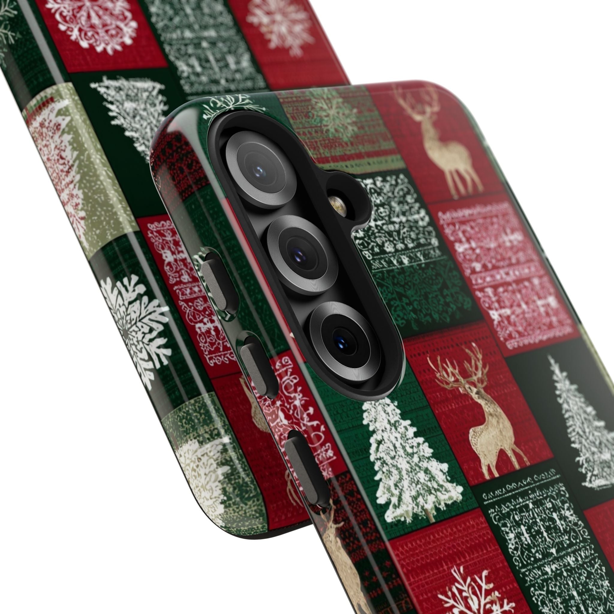 Festive Deer Pattern Phone Case — Red & Green Plaid with Snowflakes