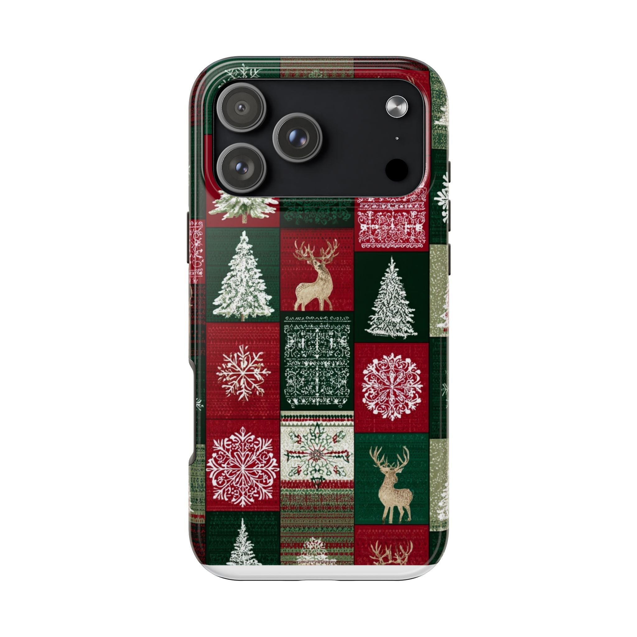 Festive Deer Pattern Phone Case — Red & Green Plaid with Snowflakes