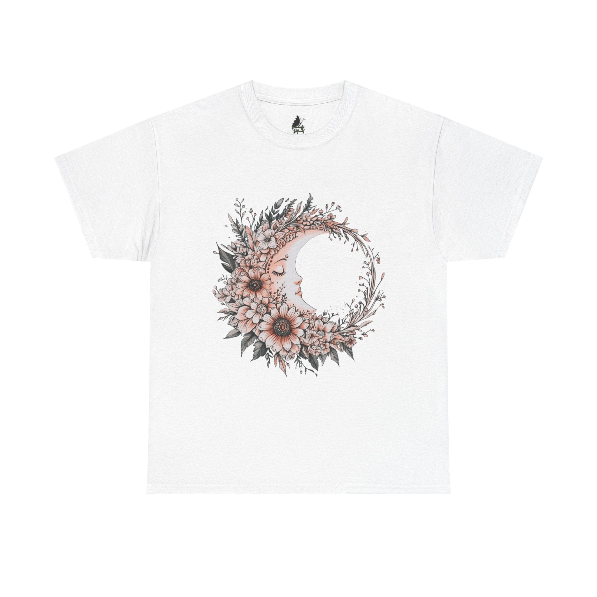 Boho Moon Floral Tee — Pink Moon with Flowers & Leaves