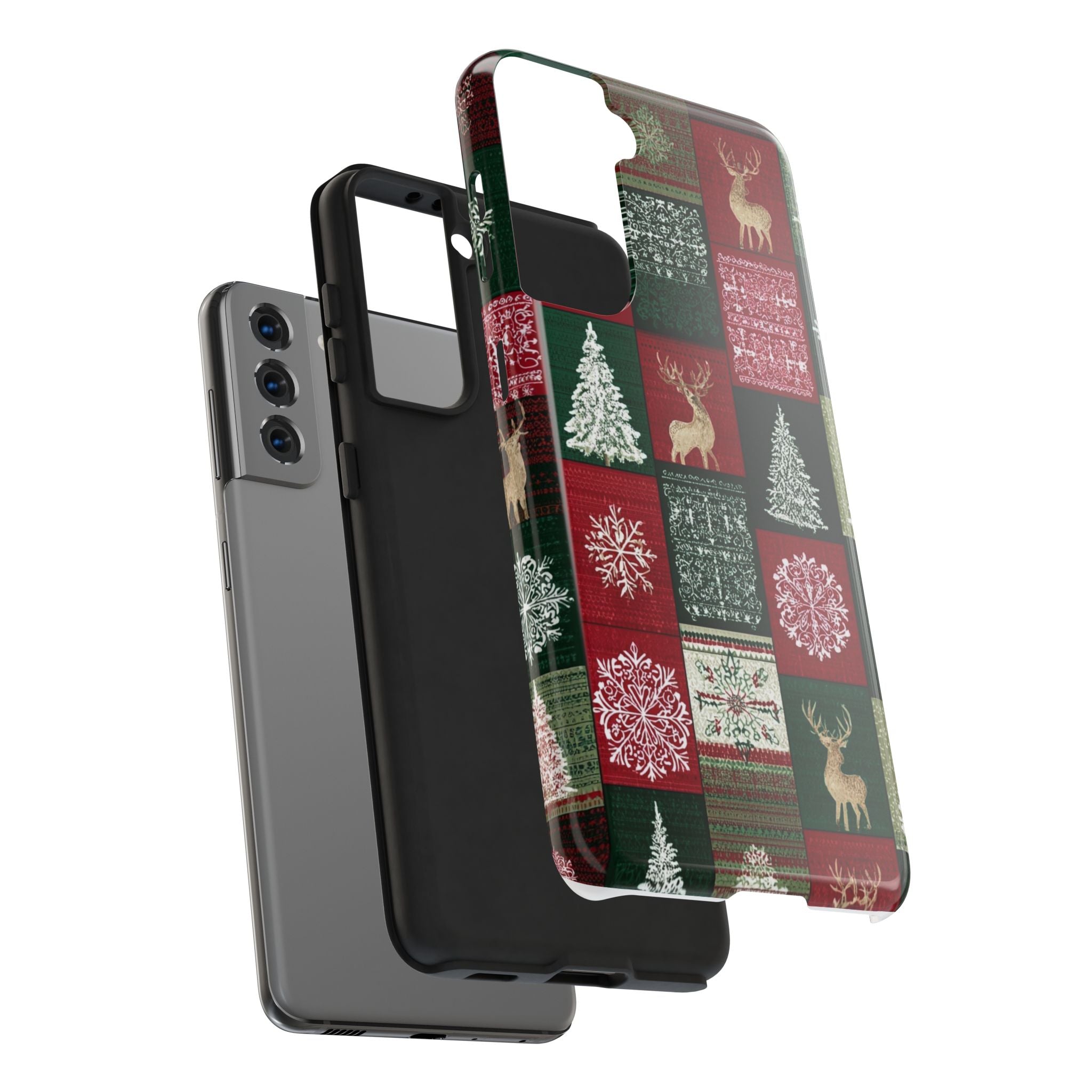 Festive Deer Pattern Phone Case — Red & Green Plaid with Snowflakes