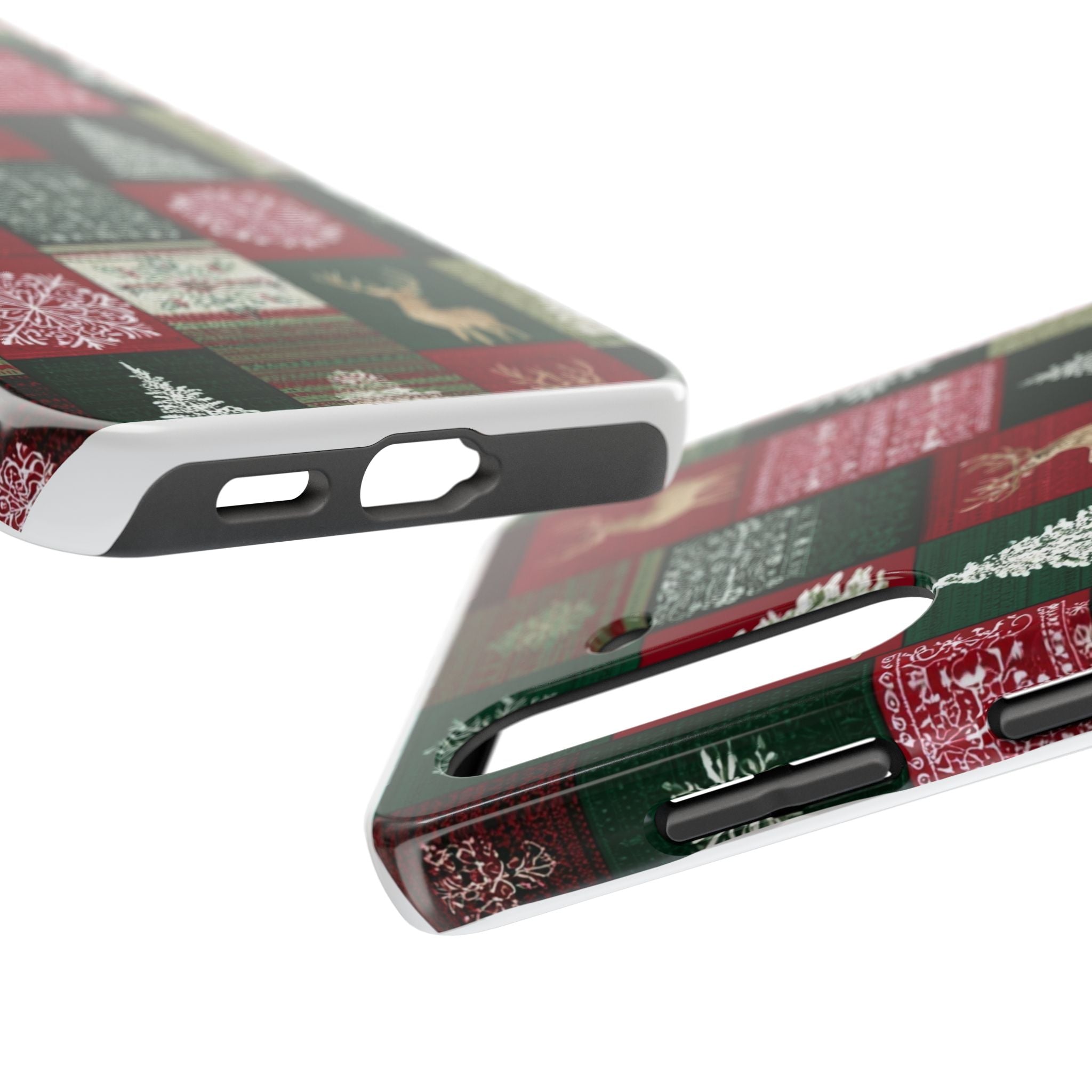 Festive Deer Pattern Phone Case — Red & Green Plaid with Snowflakes
