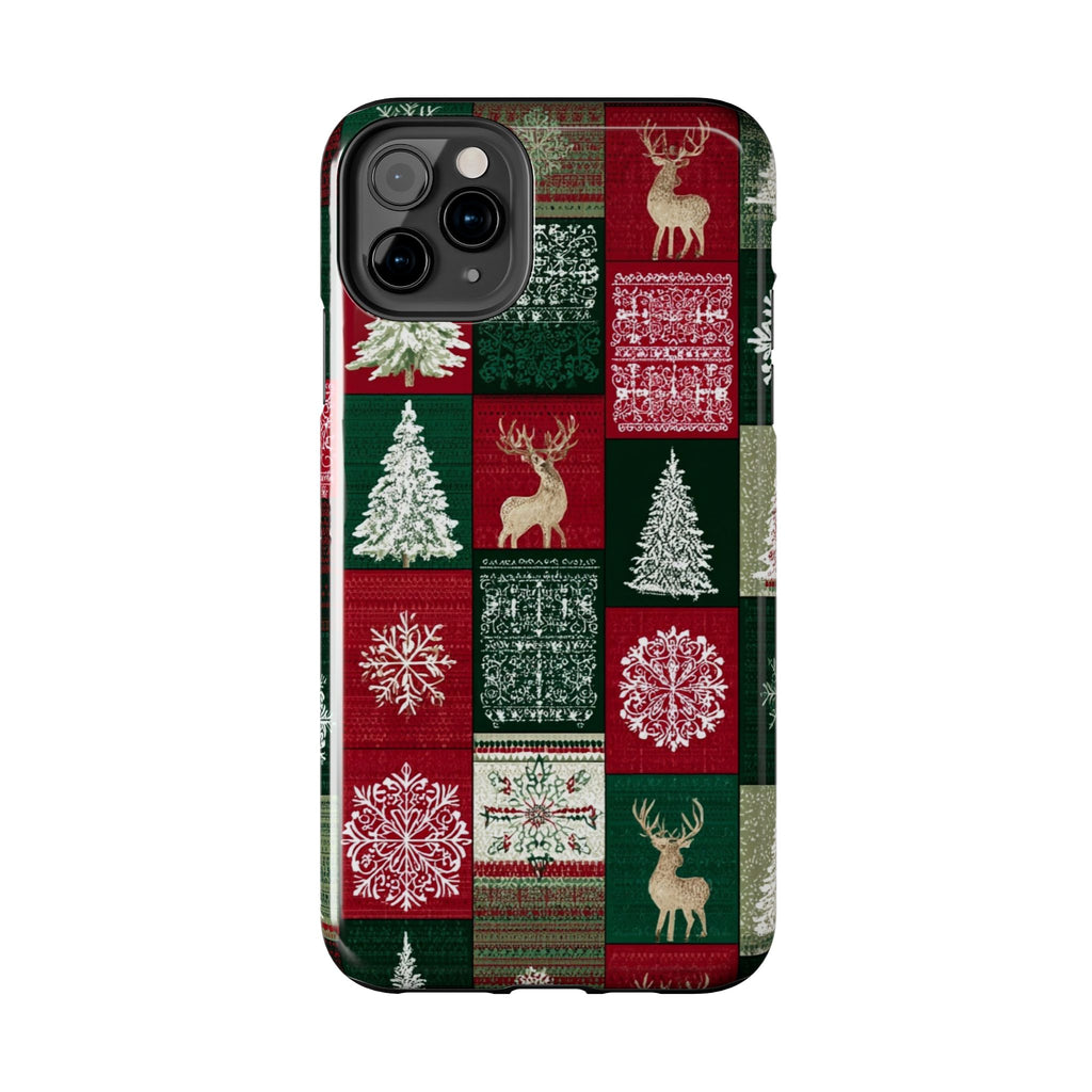 Festive Deer Pattern Phone Case — Red & Green Plaid with Snowflakes