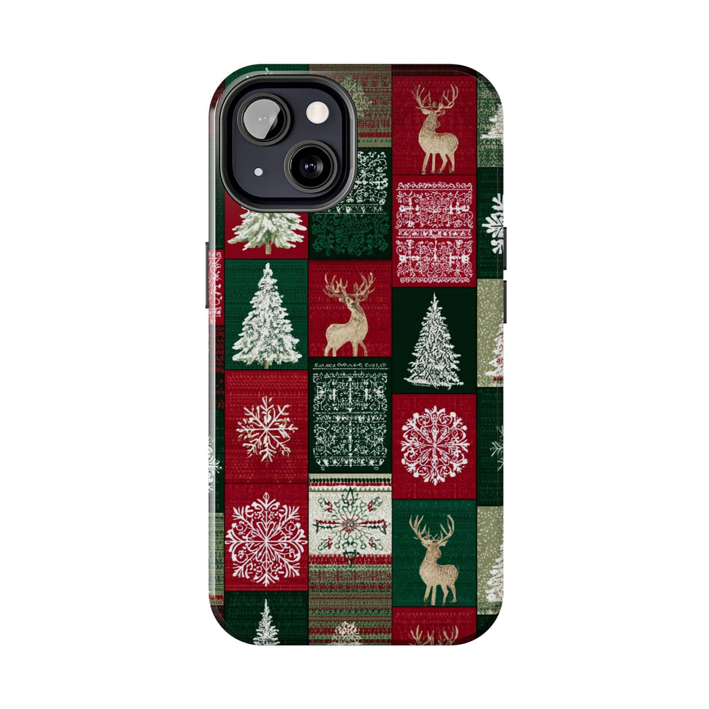 Festive Deer Pattern Phone Case — Red & Green Plaid with Snowflakes