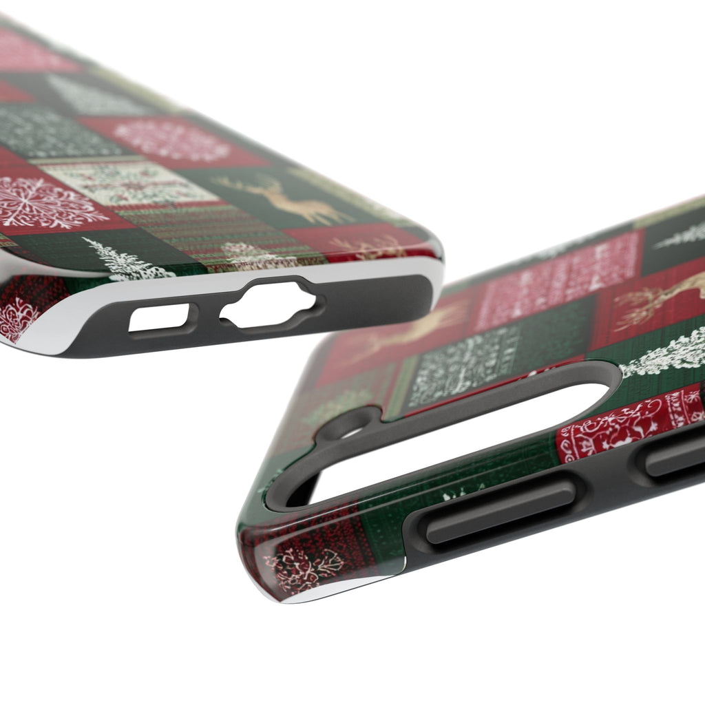 Festive Deer Pattern Phone Case — Red & Green Plaid with Snowflakes