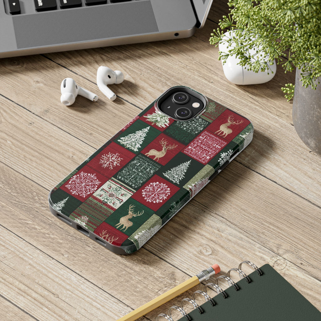 Festive Deer Pattern Phone Case — Red & Green Plaid with Snowflakes