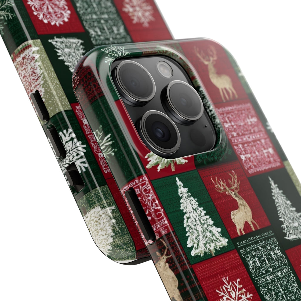 Festive Deer Pattern Phone Case — Red & Green Plaid with Snowflakes