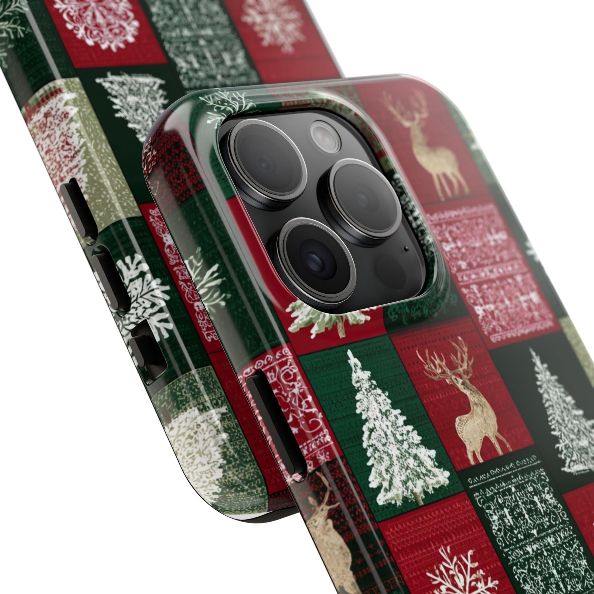 Festive Deer Pattern Phone Case — Red & Green Plaid with Snowflakes