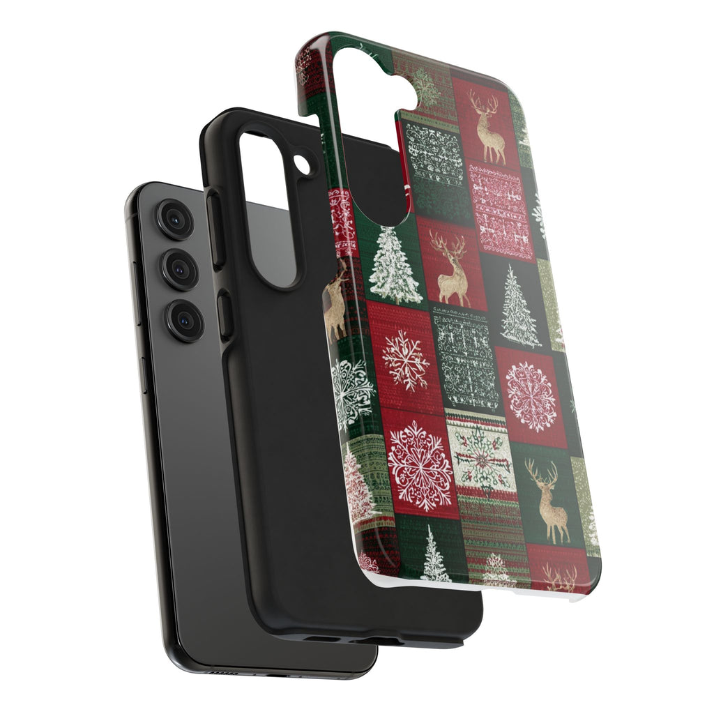 Festive Deer Pattern Phone Case — Red & Green Plaid with Snowflakes