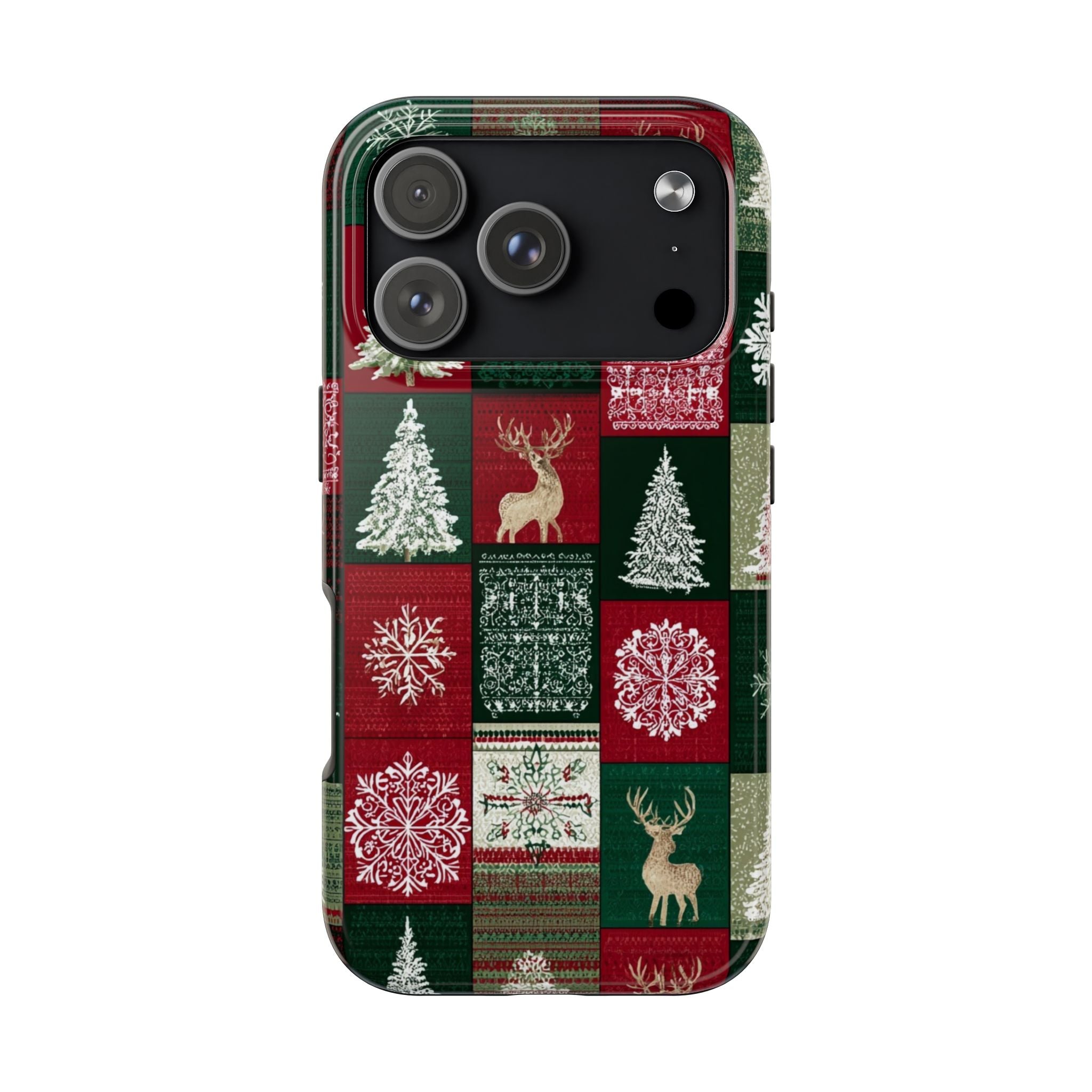 Festive Deer Pattern Phone Case — Red & Green Plaid with Snowflakes