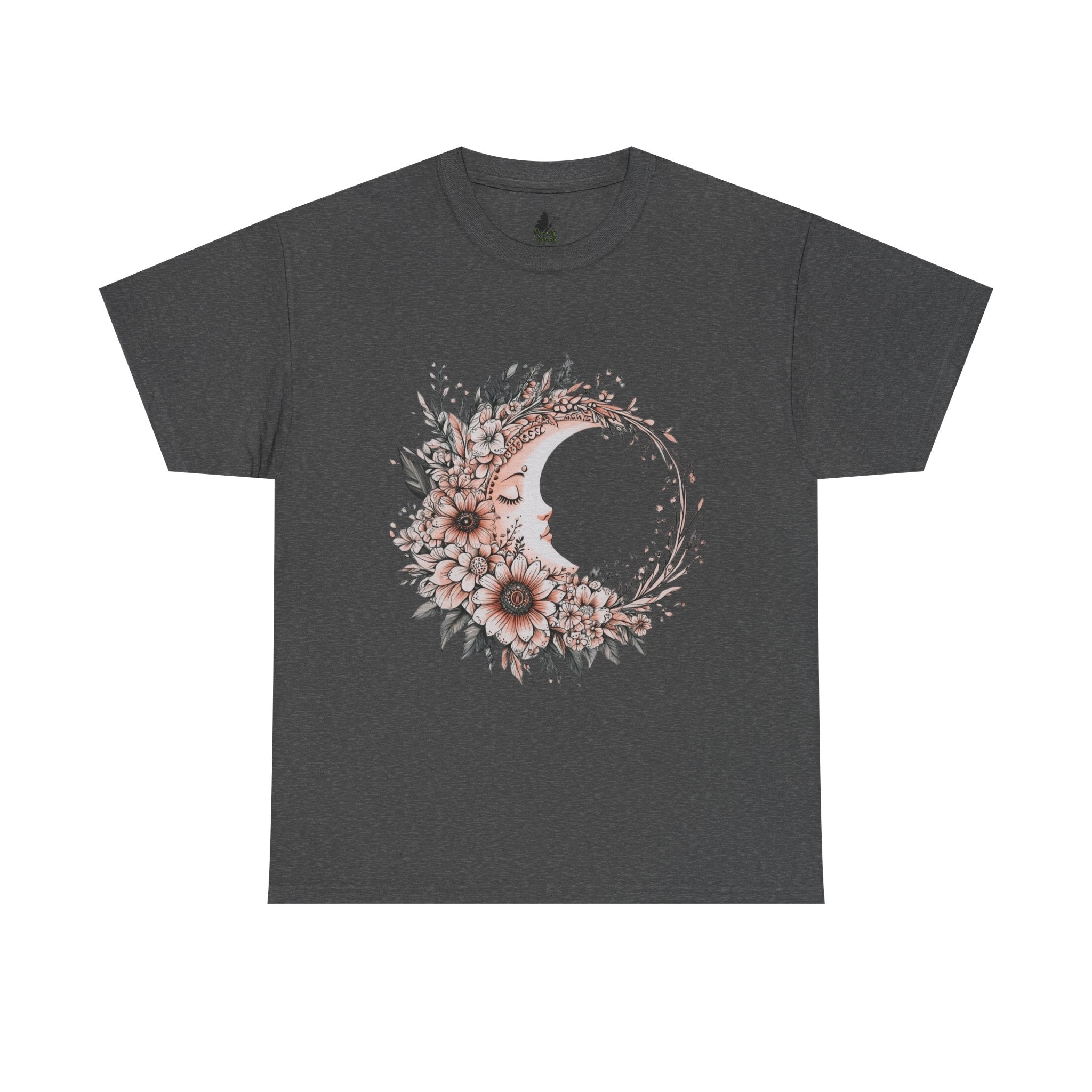 Boho Moon Floral Tee — Pink Moon with Flowers & Leaves