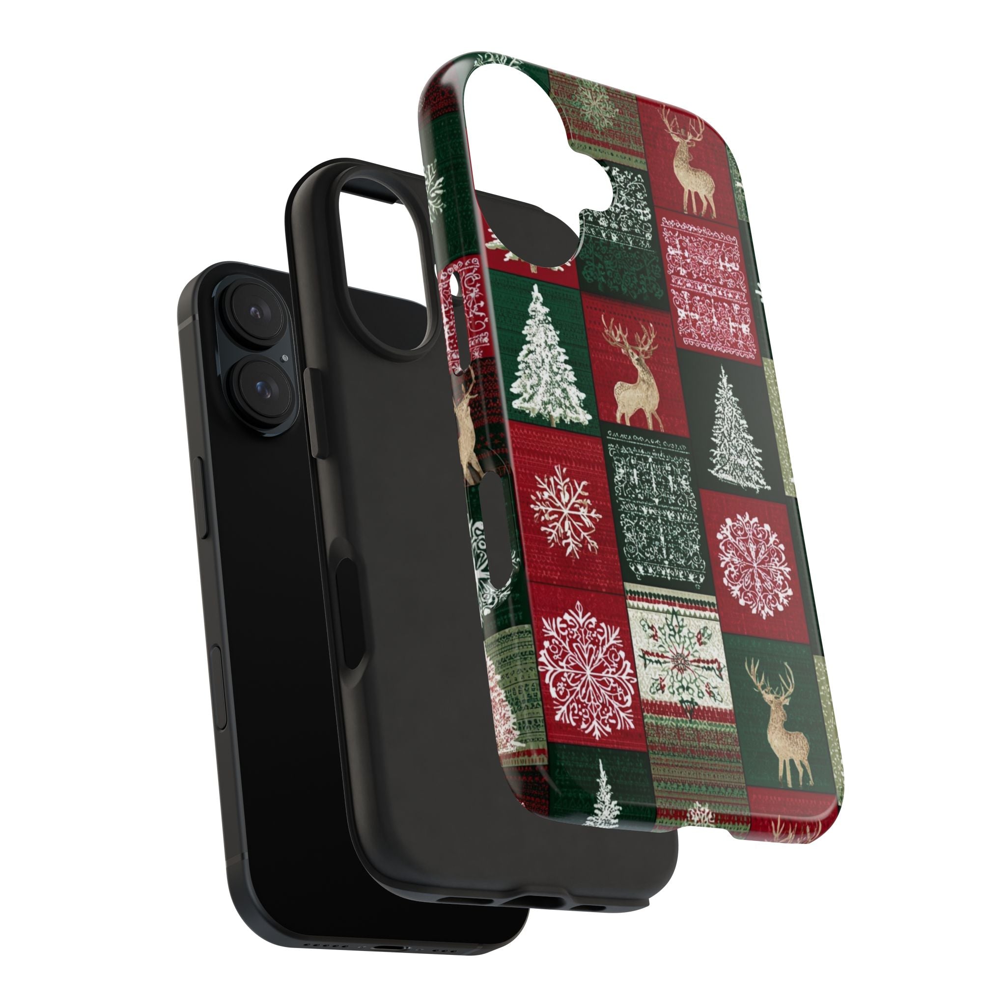 Festive Deer Pattern Phone Case — Red & Green Plaid with Snowflakes