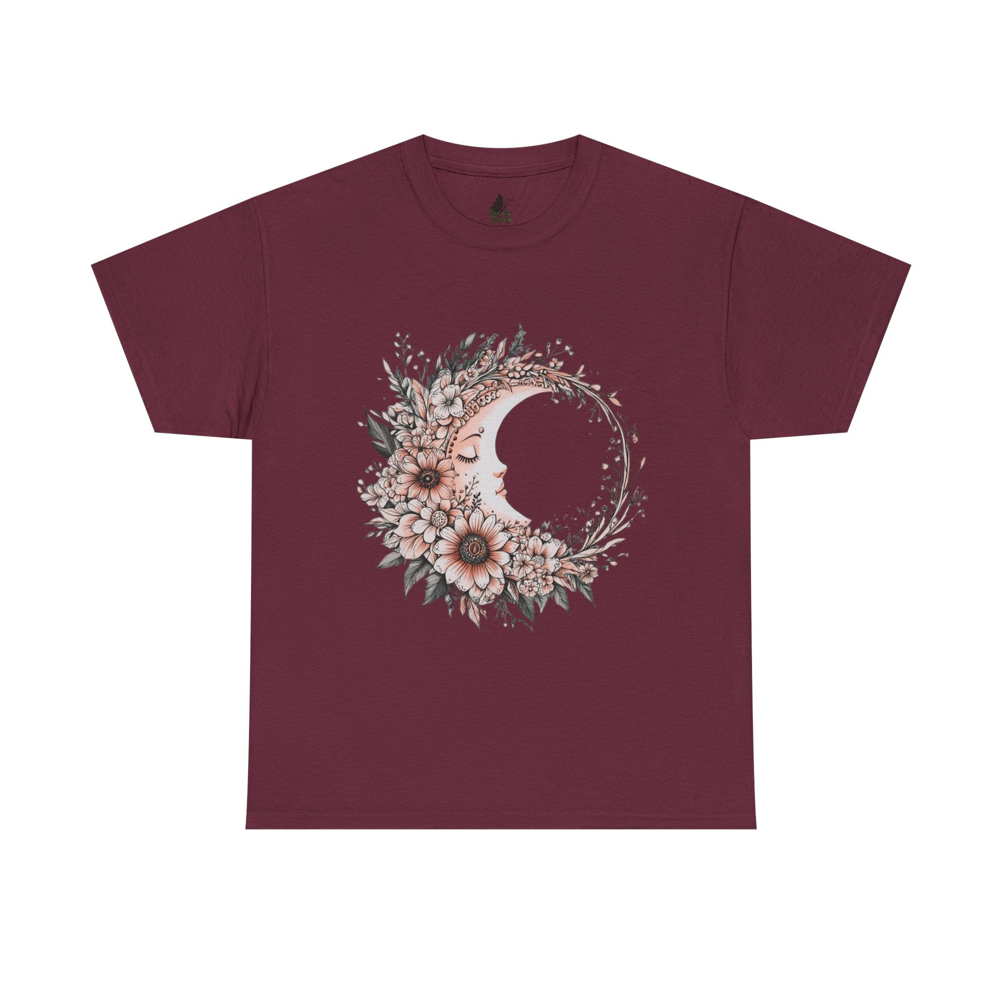 Boho Moon Floral Tee — Pink Moon with Flowers & Leaves