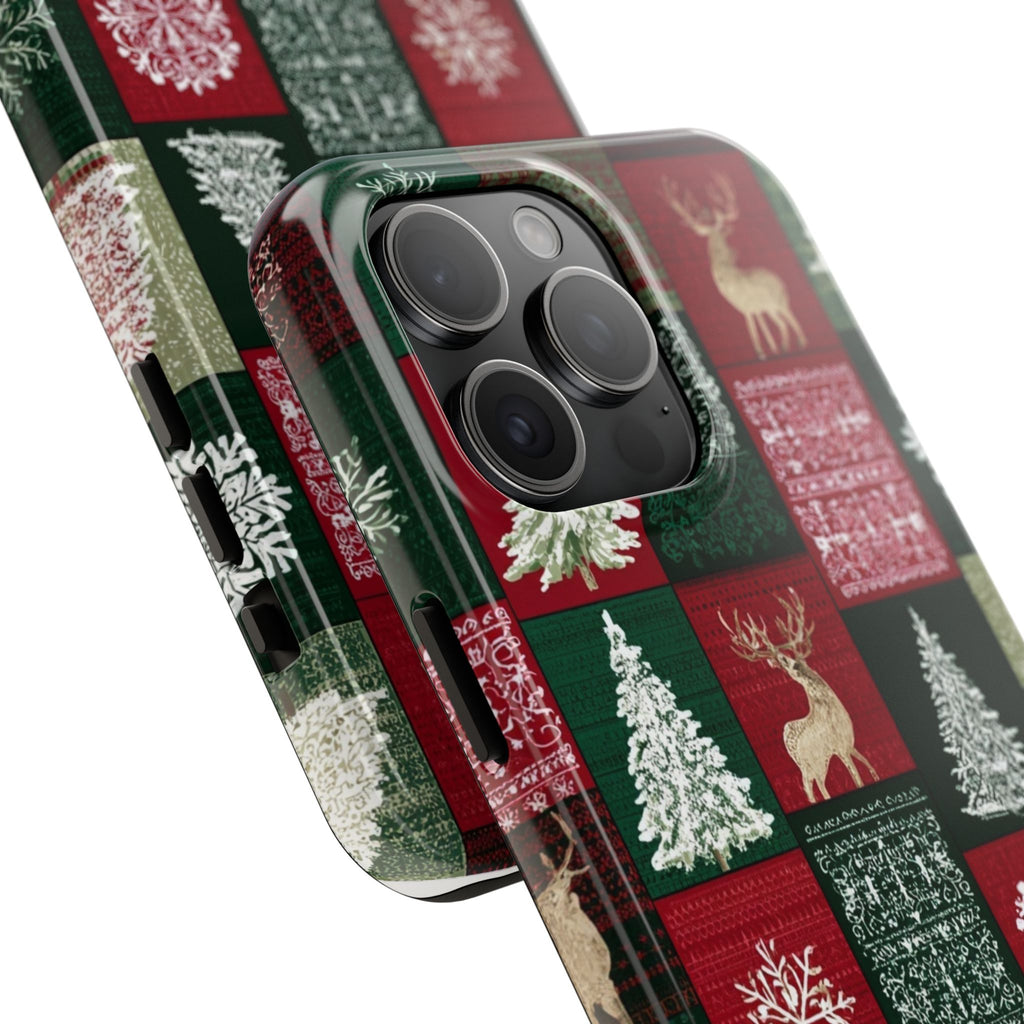 Festive Deer Pattern Phone Case — Red & Green Plaid with Snowflakes